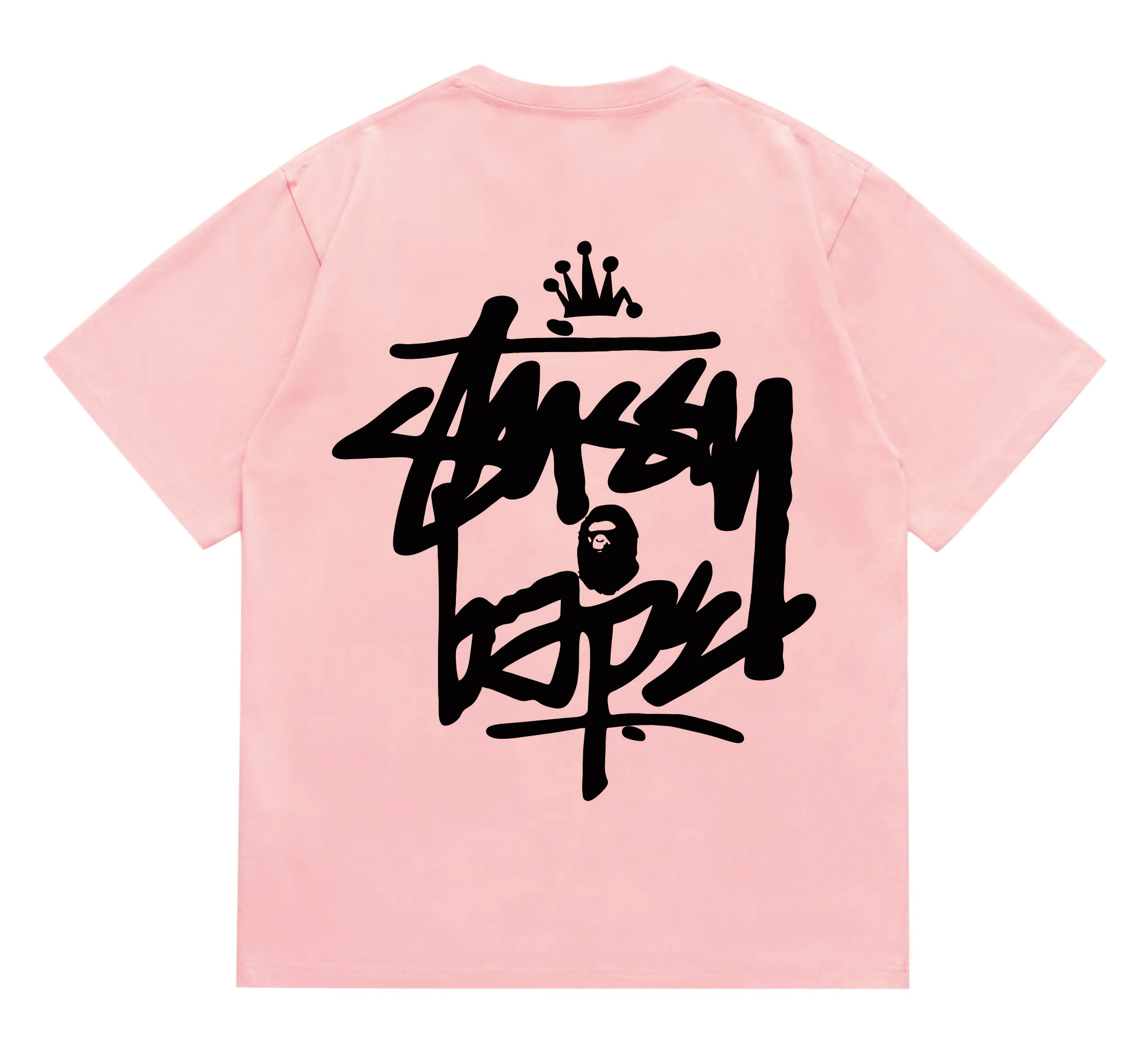 Stussy x BAPE Crown Graffiti Collab Tee Pink Black