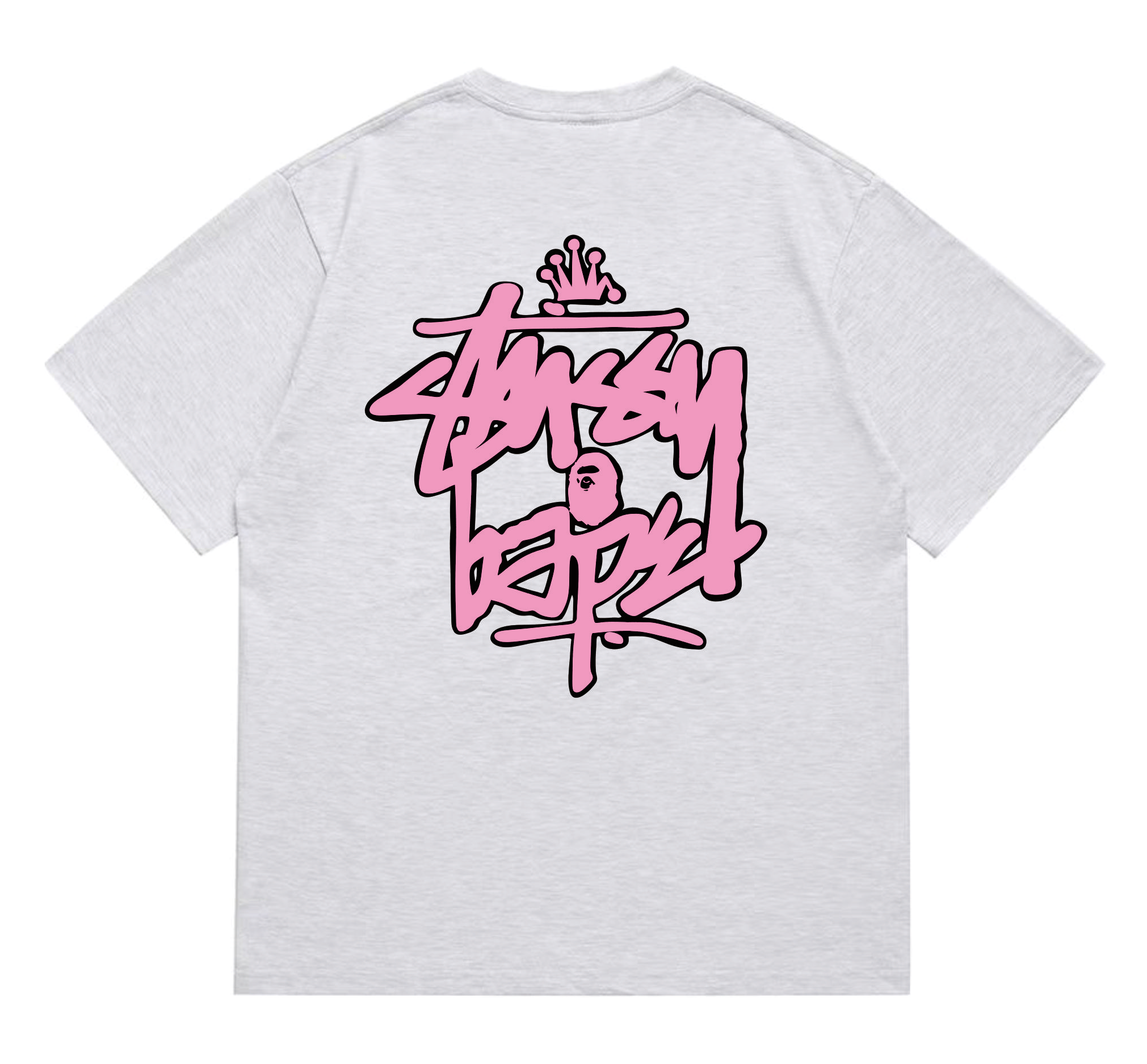 Stussy x BAPE Crown Graffiti Collab Tee Ash Grey Pink