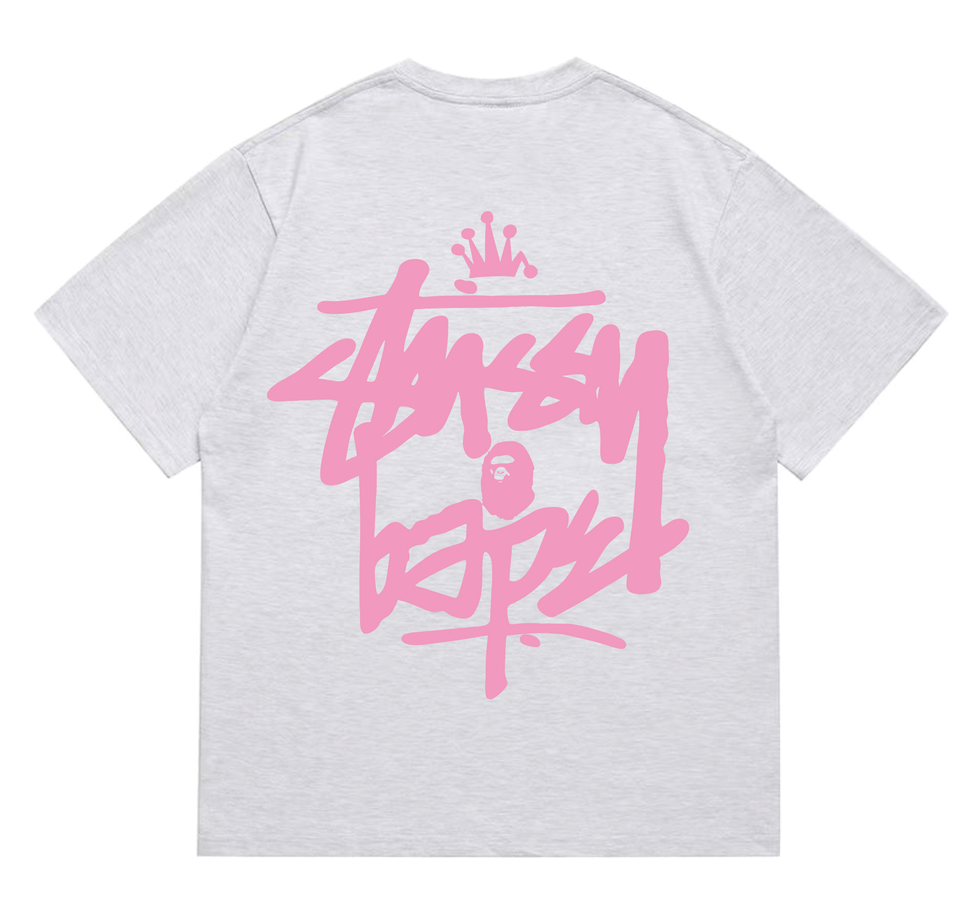 Stussy x BAPE Crown Graffiti Collab Tee Ash Grey Pink Outlined