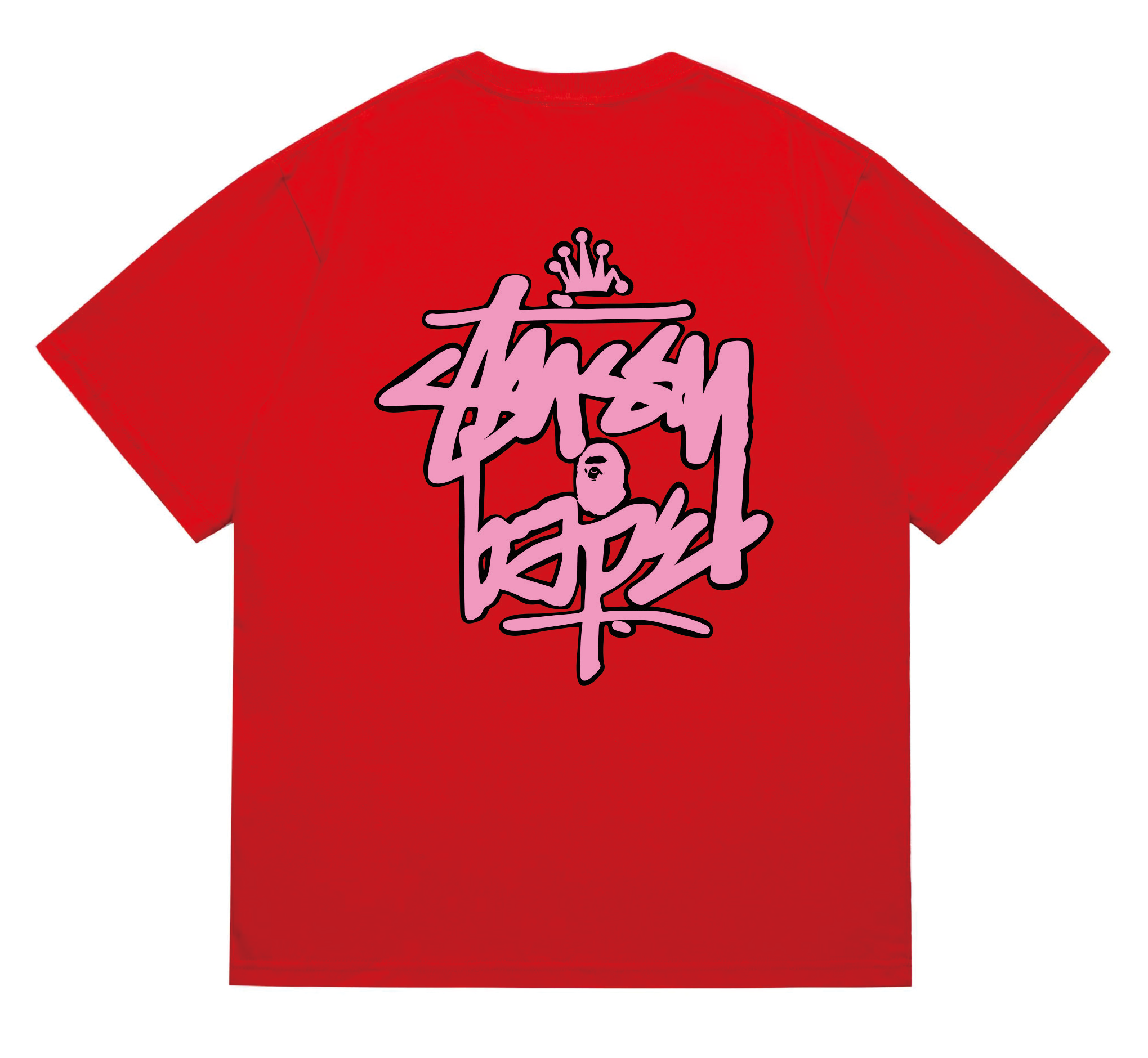 Stussy x BAPE Crown Graffiti Collab Tee Red Pink