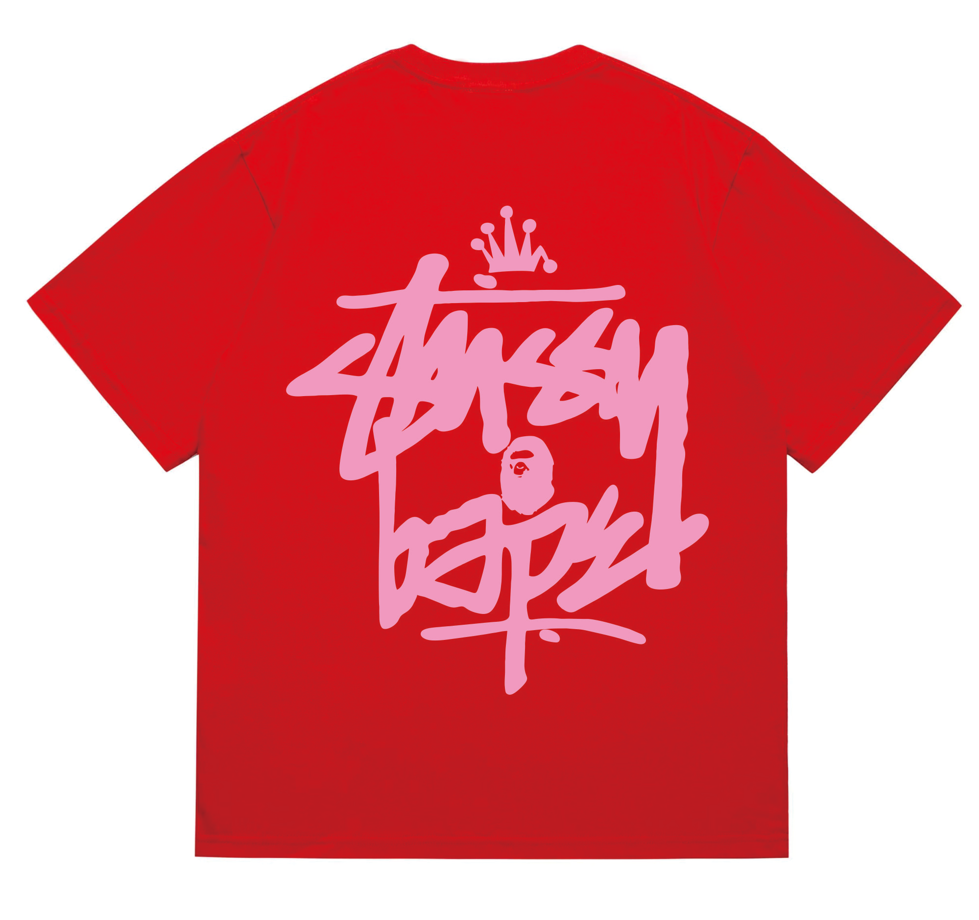 Stussy x BAPE Crown Graffiti Collab Tee Red Pink Outlined