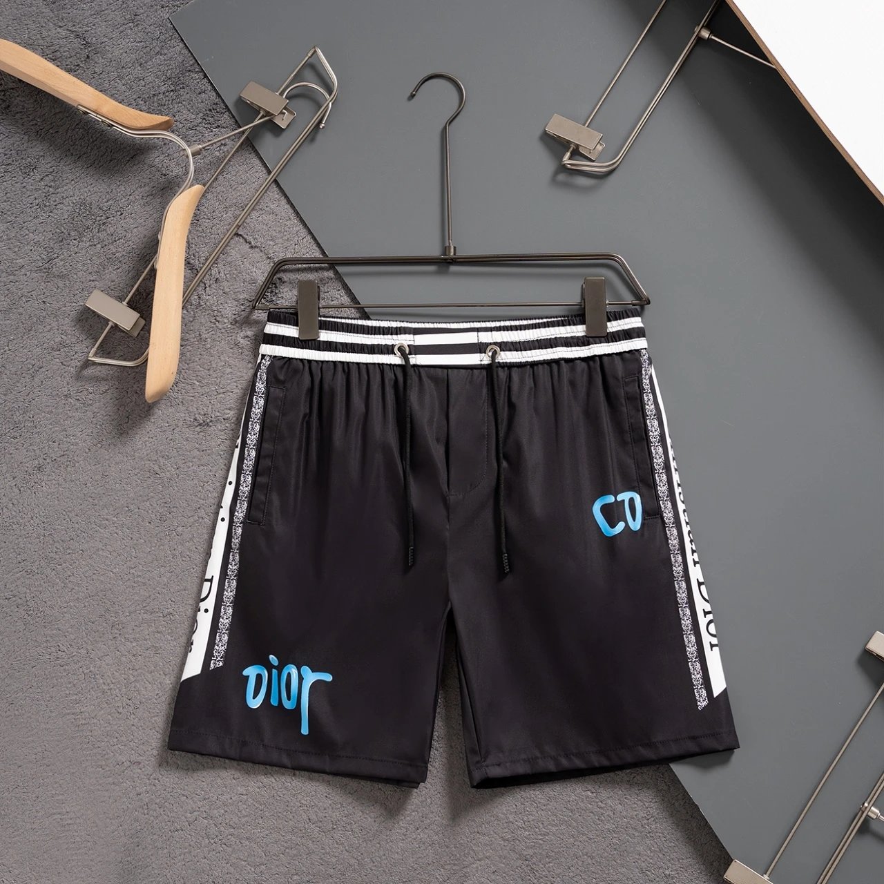 Dior Graffiti Logo Striped Waistband Swim Shorts Black