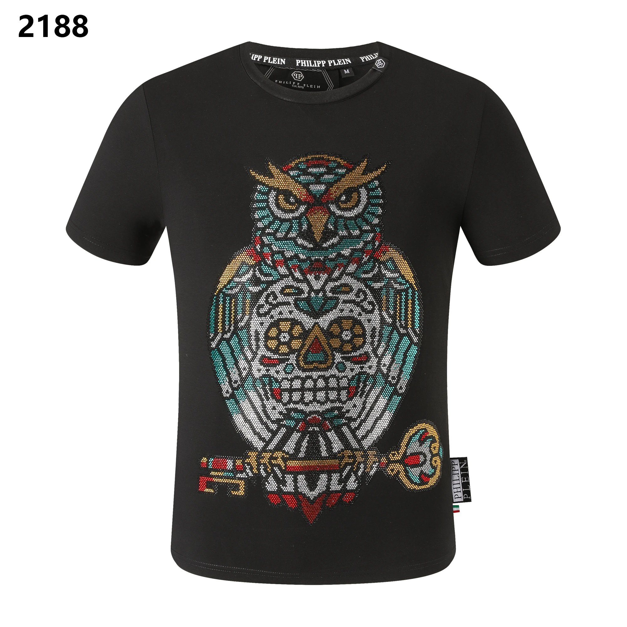 Philipp Plein Crystal Owl and Key Rhinestone Tee Black