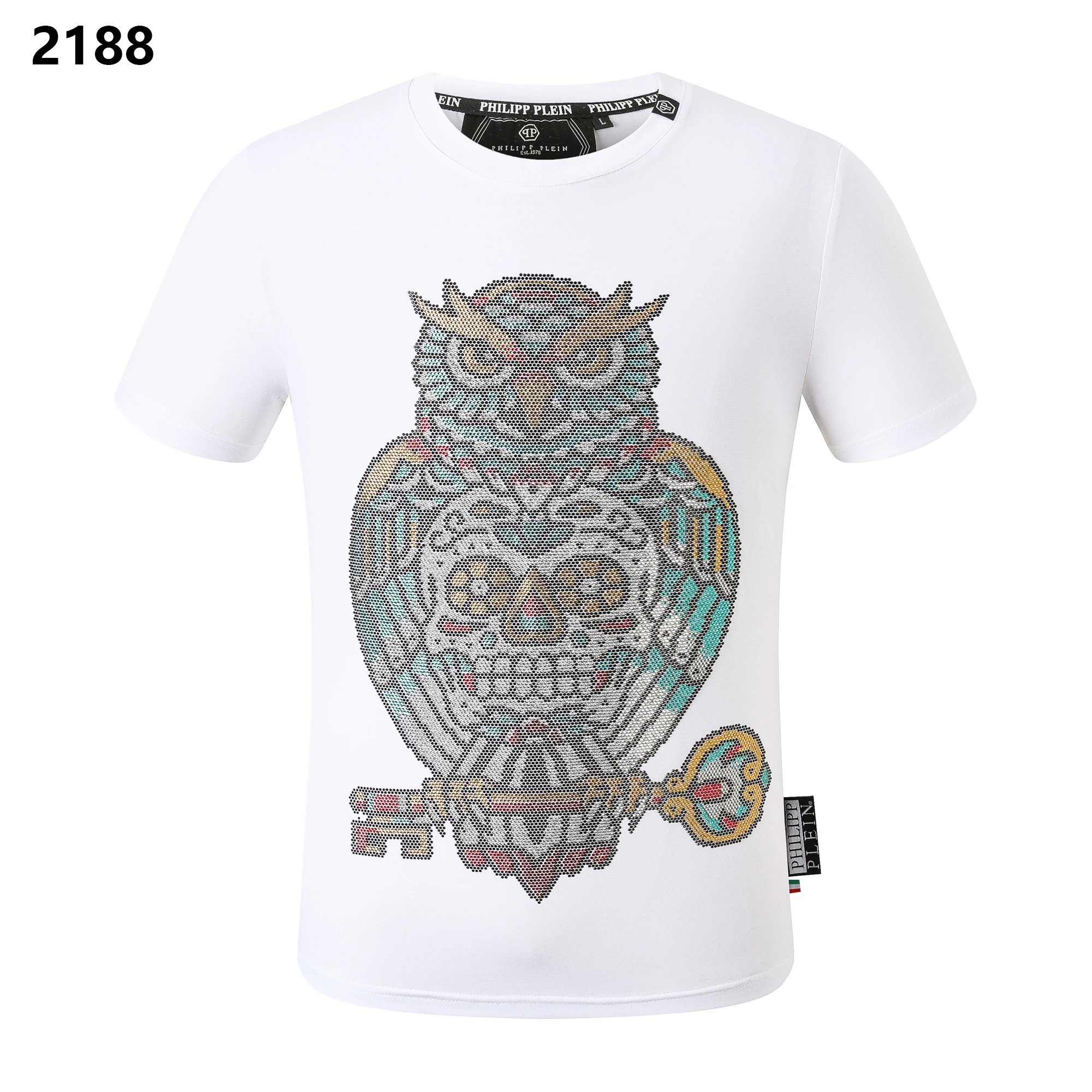 Philipp Plein Crystal Owl and Key Rhinestone Tee White