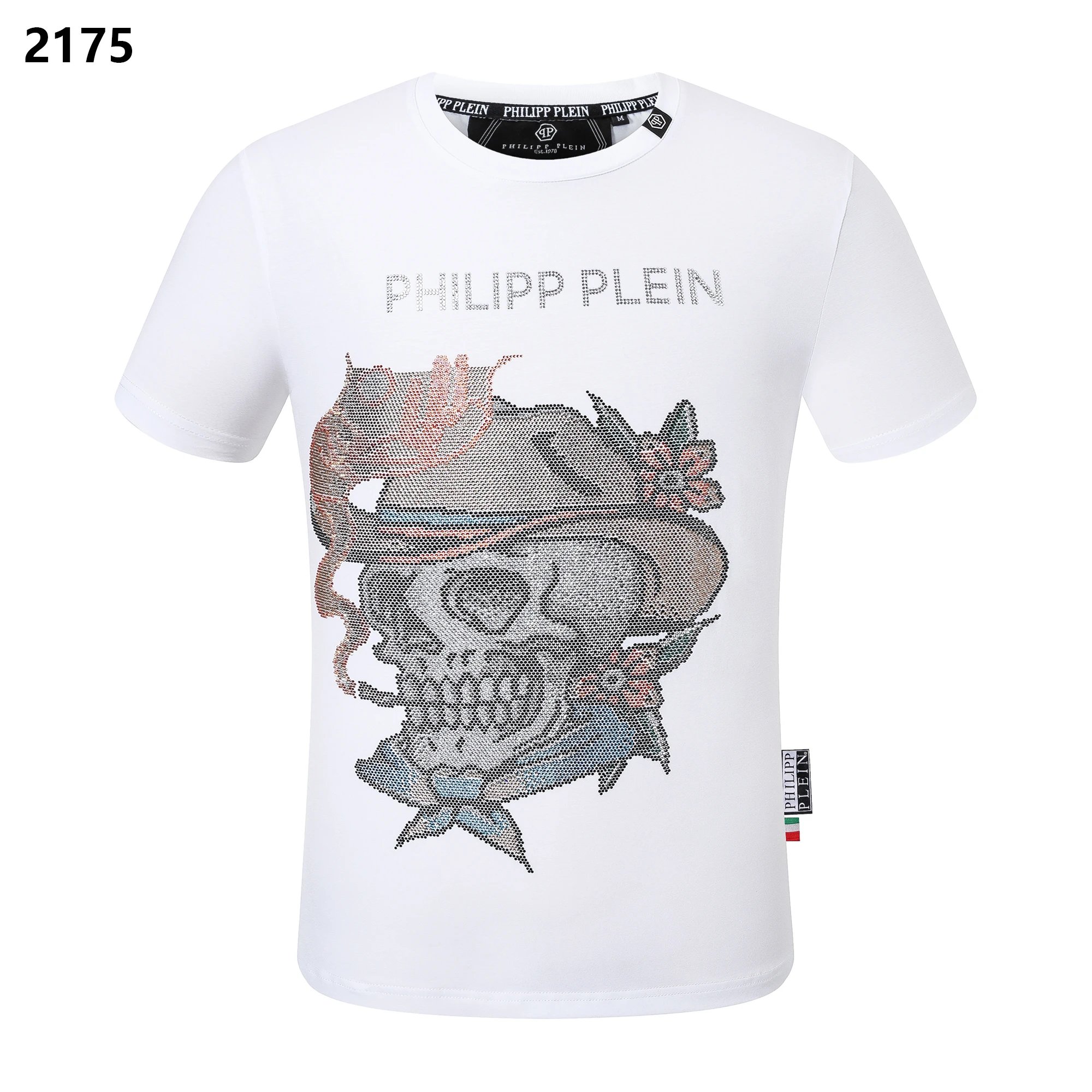 Philipp Plein Crystal Cowboy Skull Rhinestone Tee White