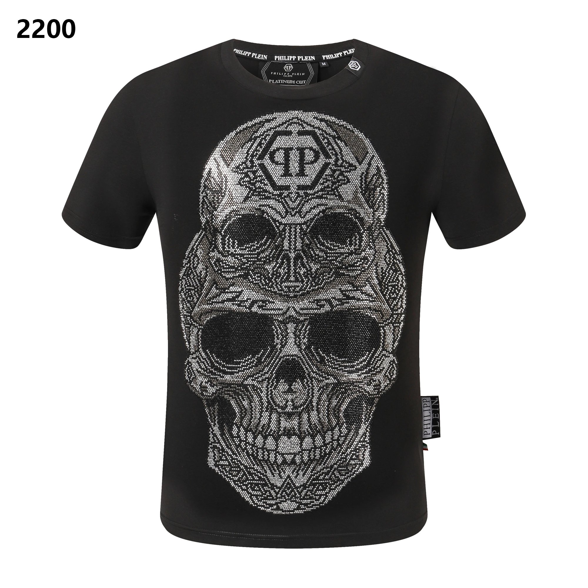 Philipp Plein Double Skull PP Logo Rhinestone Crystal T-Shirt Black