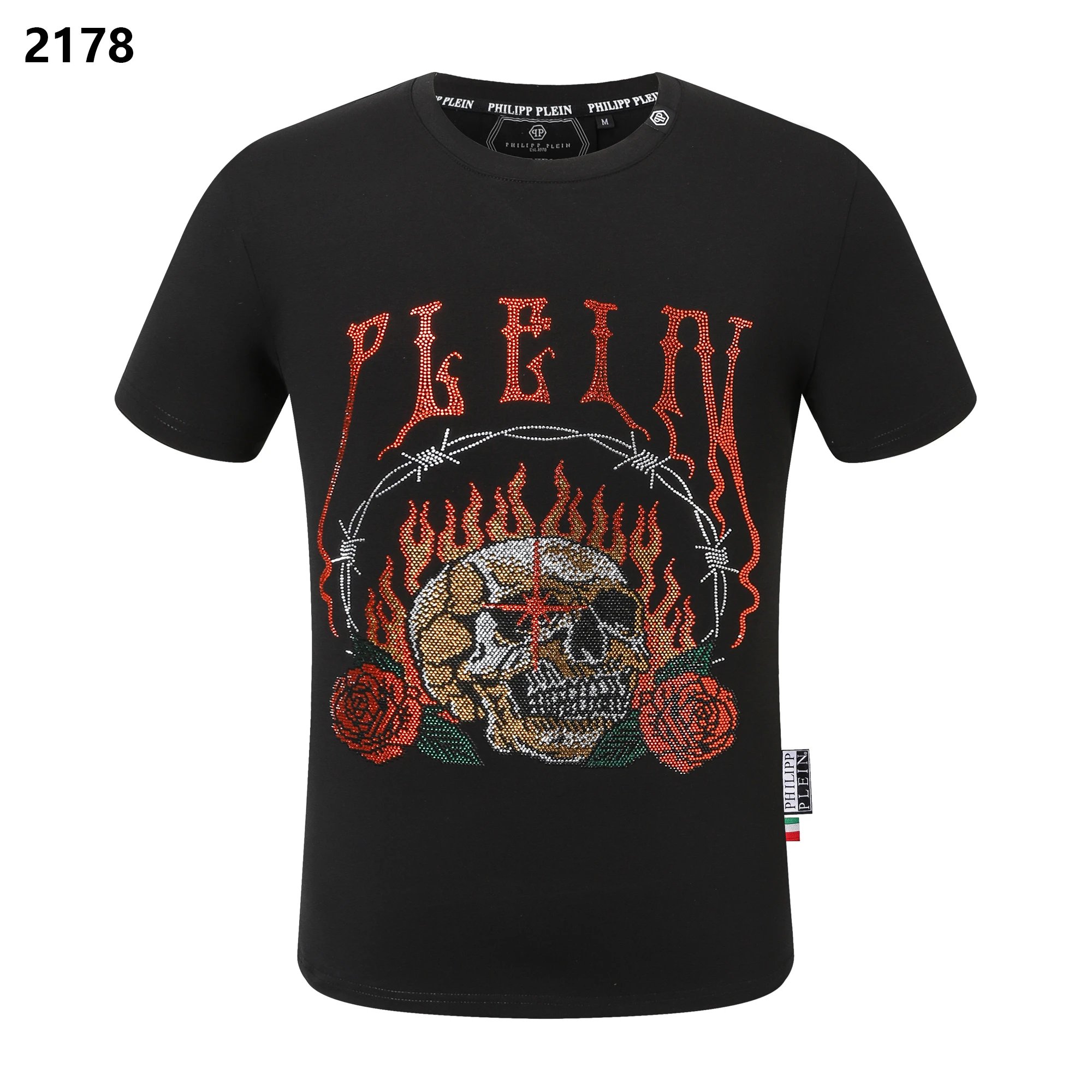 Philipp Plein Crystal Flaming Skull Roses Barbed Wire Tee Black