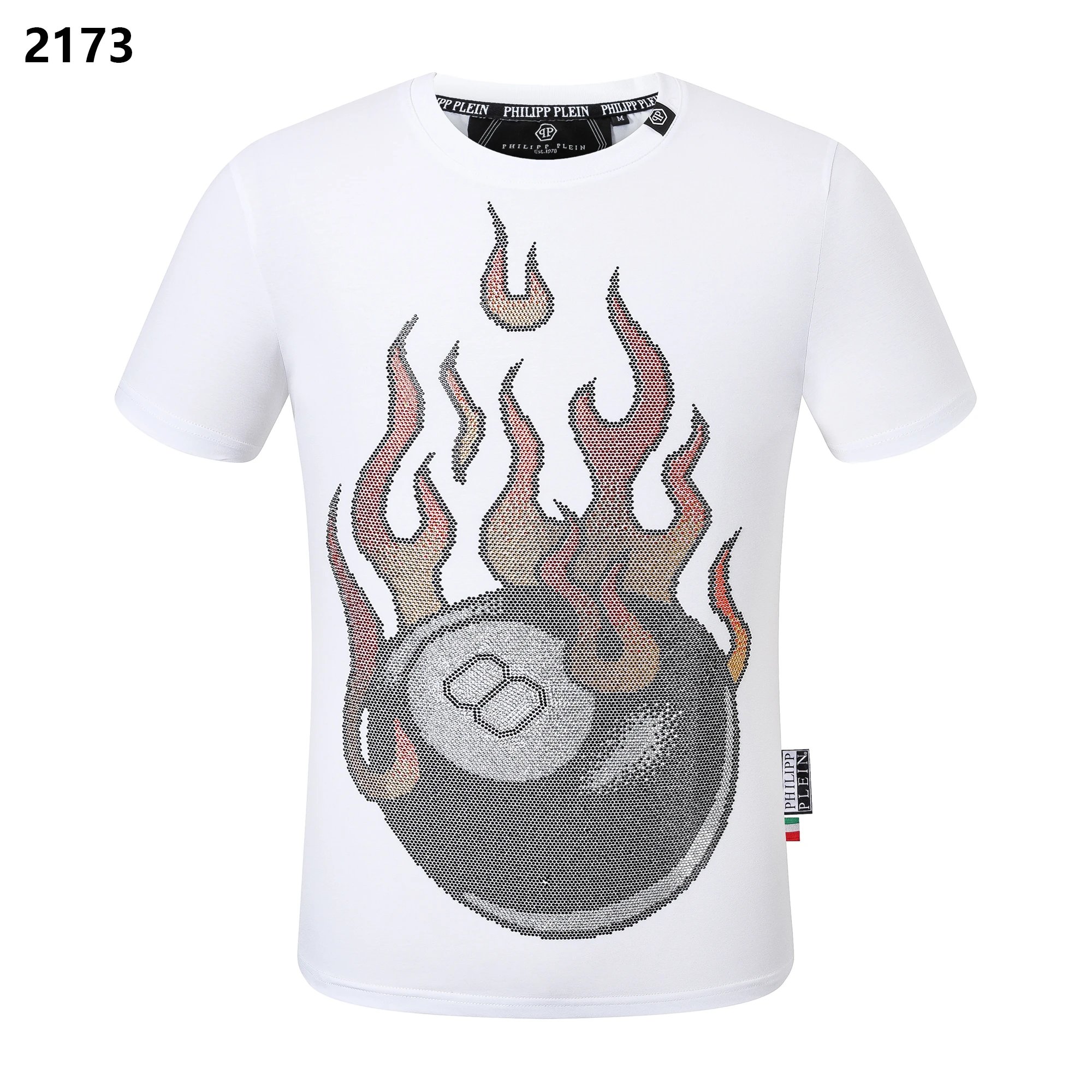 Philipp Plein Crystal Flaming 8-Ball Rhinestone Tee White