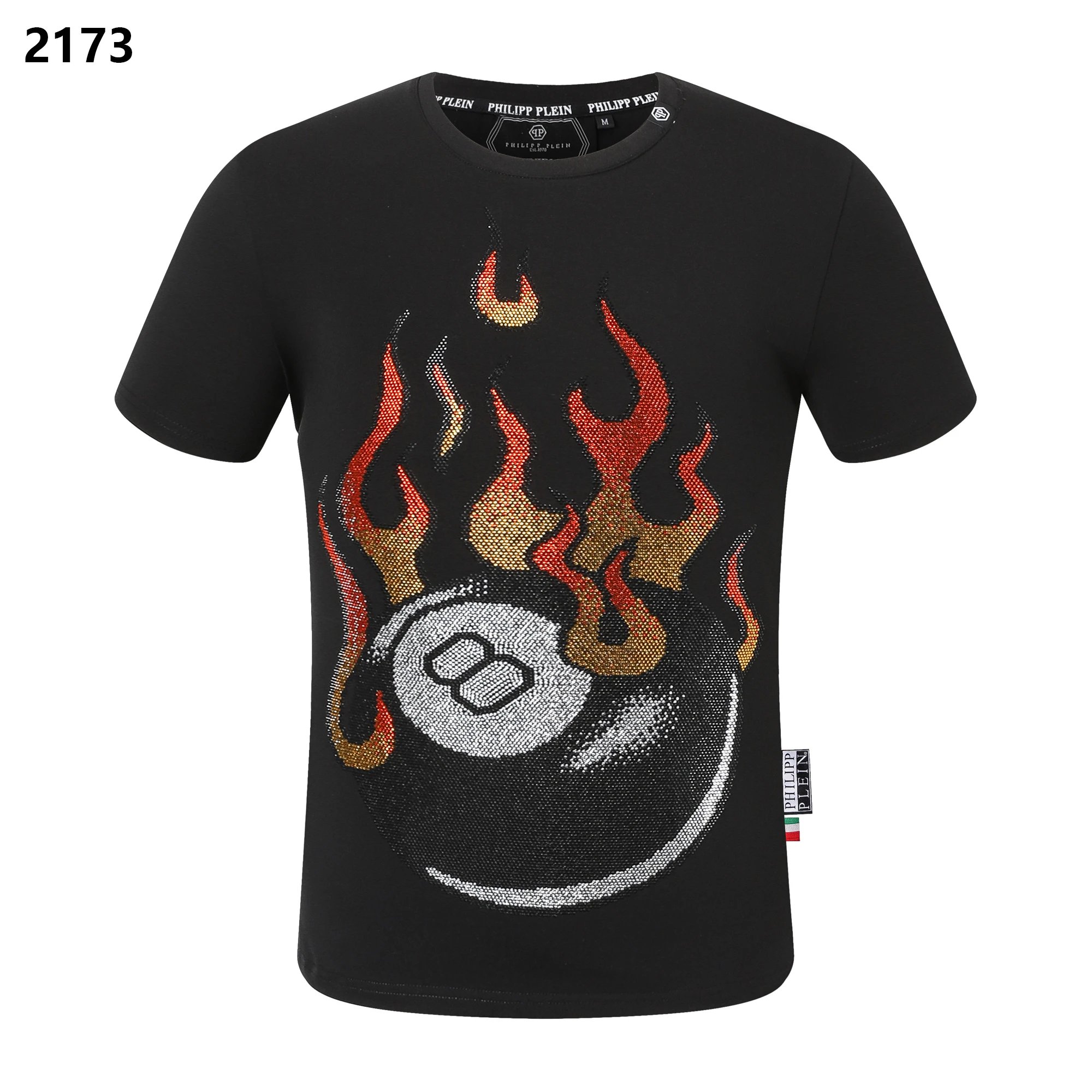 Philipp Plein Crystal Flaming 8-Ball Rhinestone Tee Black