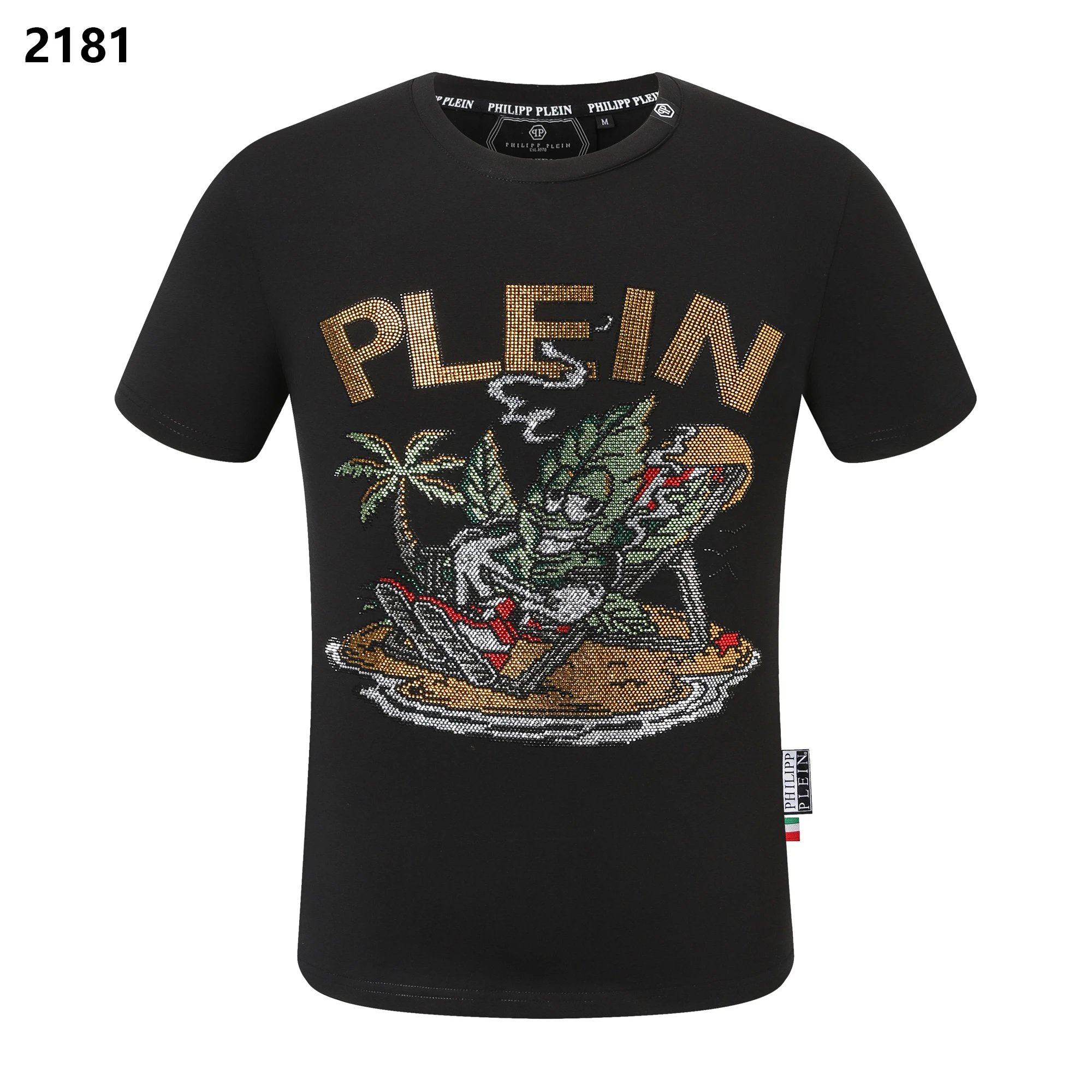 Philipp Plein Crystal Tropical Island Skull Tee Black