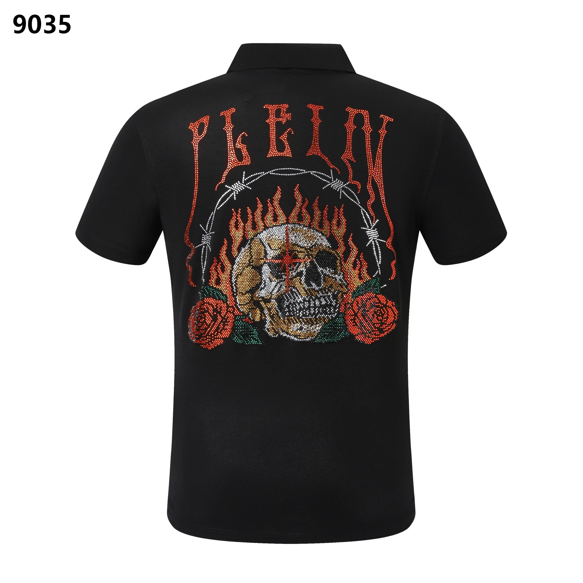 Philipp Plein Flaming Skull Rose Crystal Polo Black