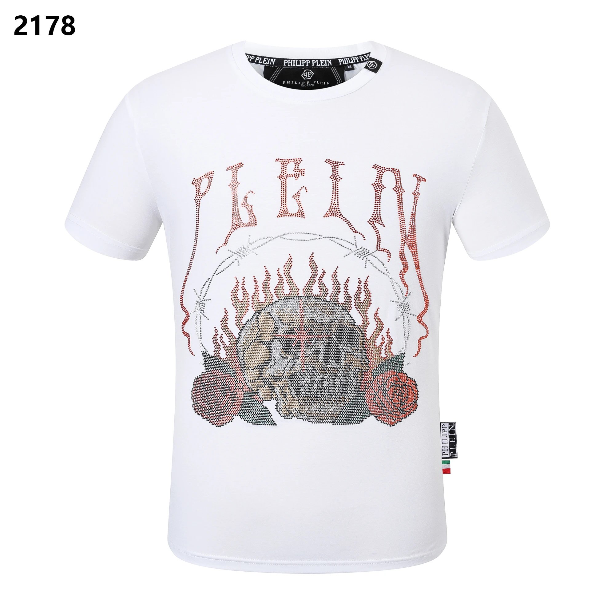 Philipp Plein Crystal Flaming Skull Roses Barbed Wire Tee White