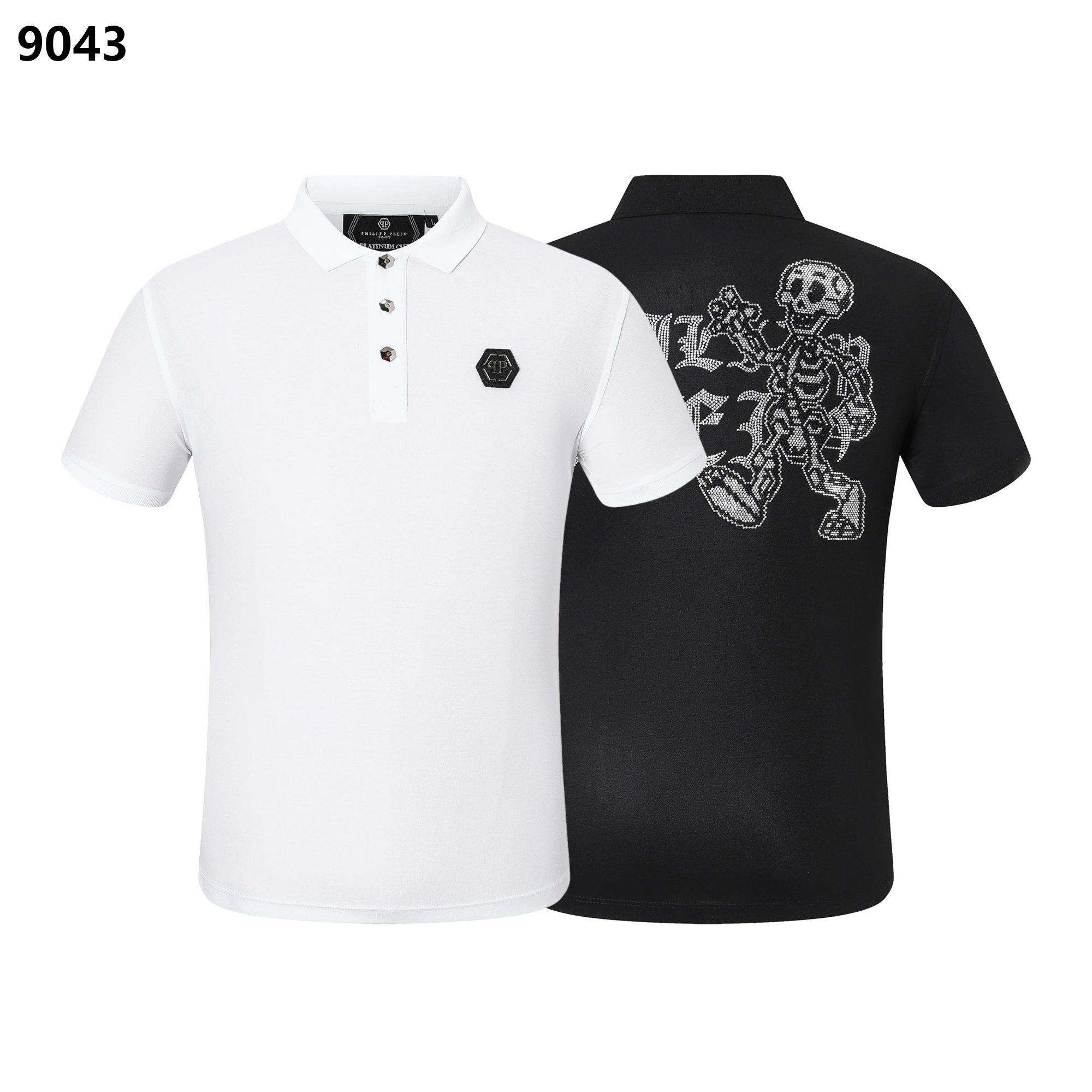 Philipp Plein Crystal Running Skeleton Logo Polo White Black