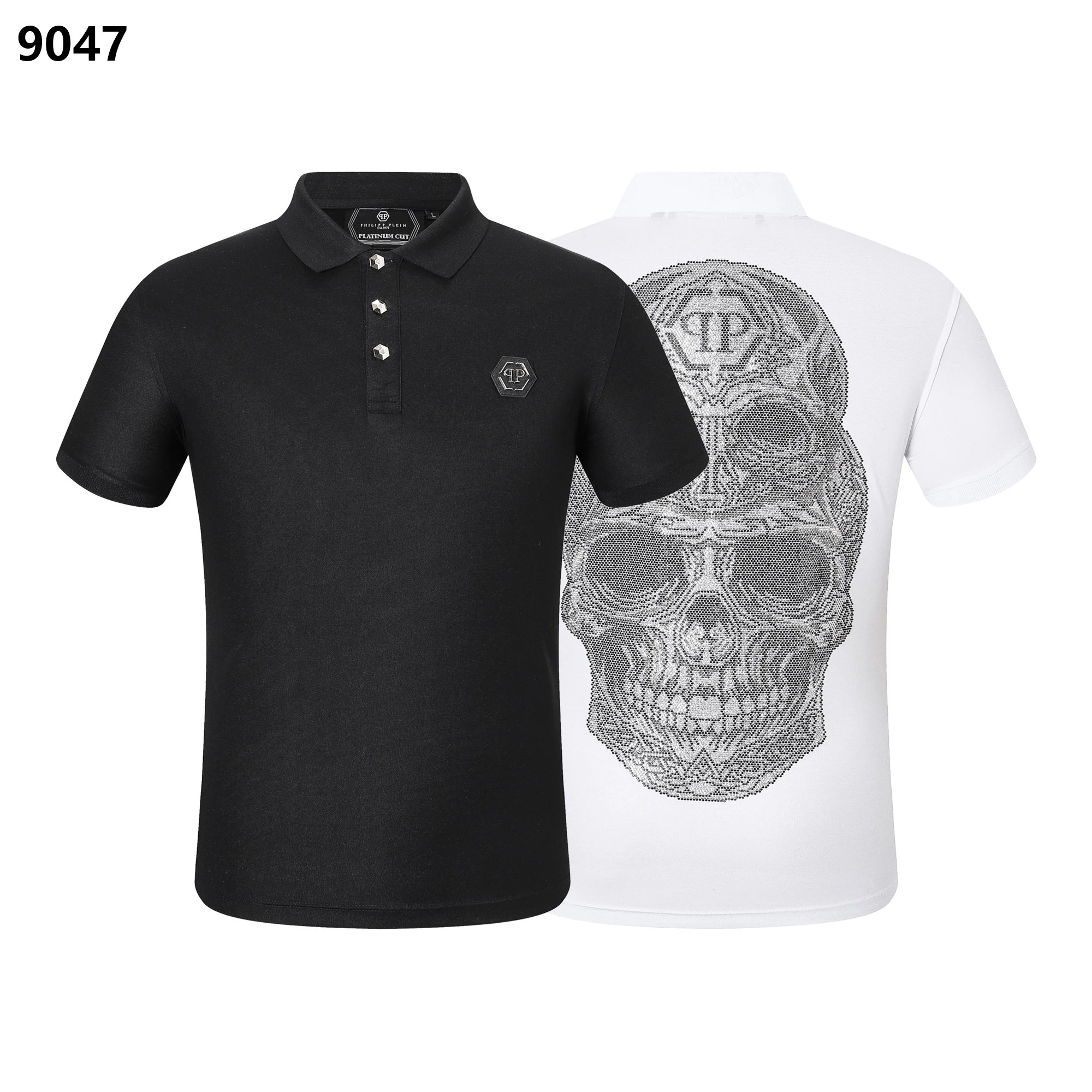 Philipp Plein Crystal Skull Face Back Polo Black White
