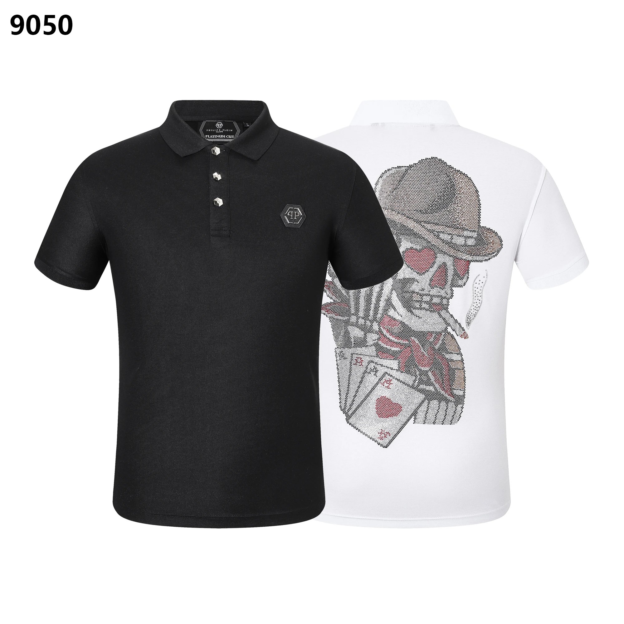 Philipp Plein Smoking Skull Poker Card Crystal Polo Black White
