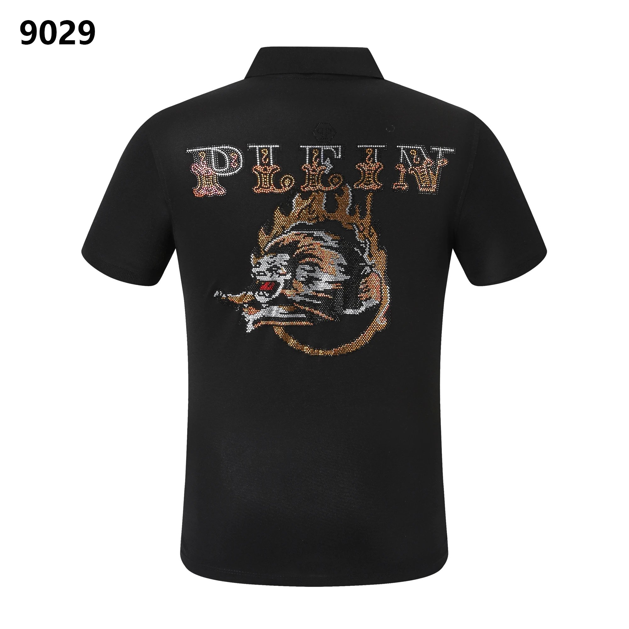Philipp Plein Tiger Crown Rhinestone Crystal Polo Shirt Black