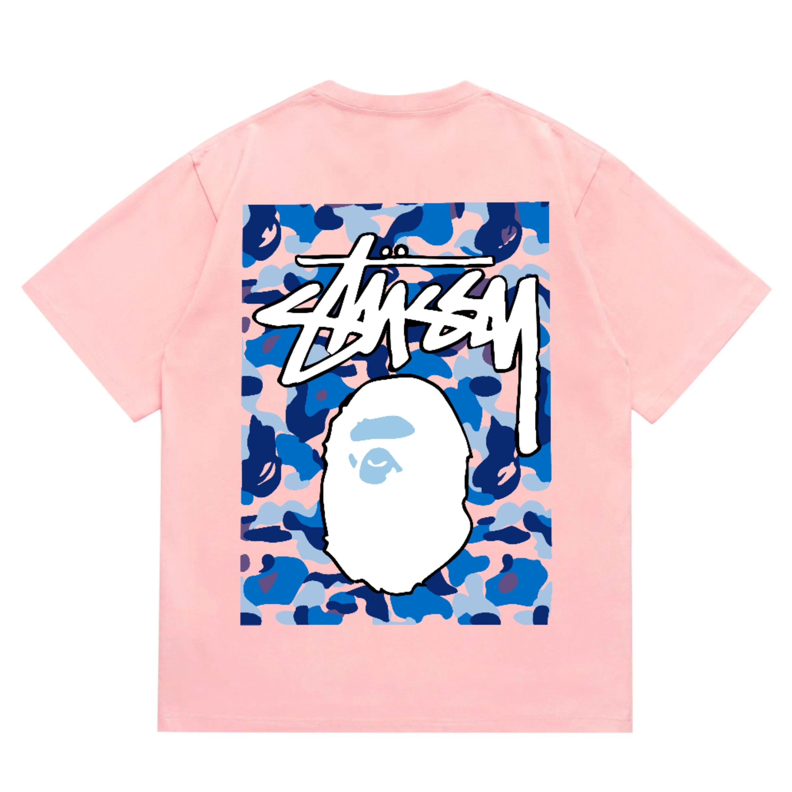 BAPE x Stussy Camo Ape Head Graphic Tee Pink