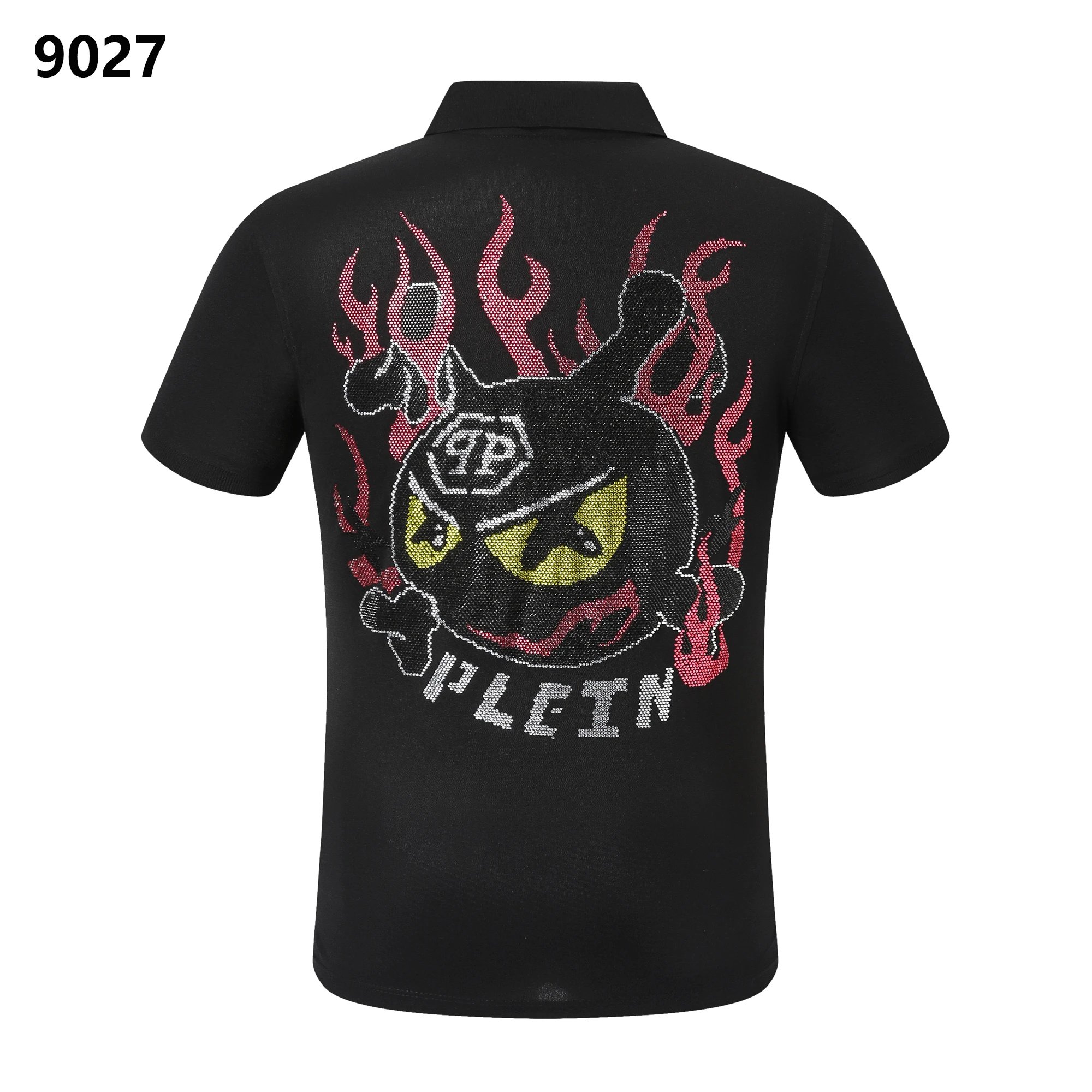 Philipp Plein Devil Flame Rhinestone Crystal Polo Shirt Black