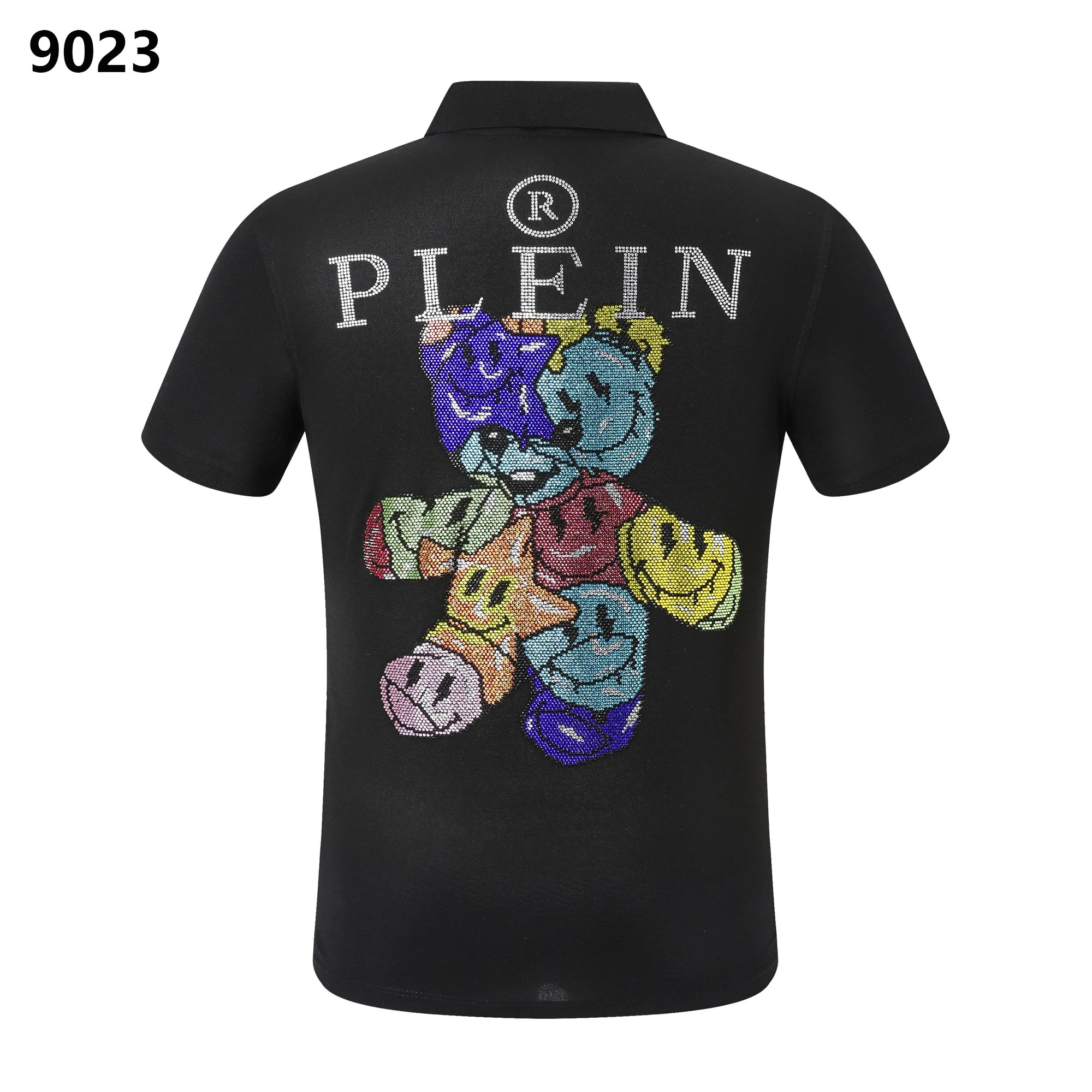 Philipp Plein Teddy Bear Smiley Rhinestone Crystal Polo Shirt Black
