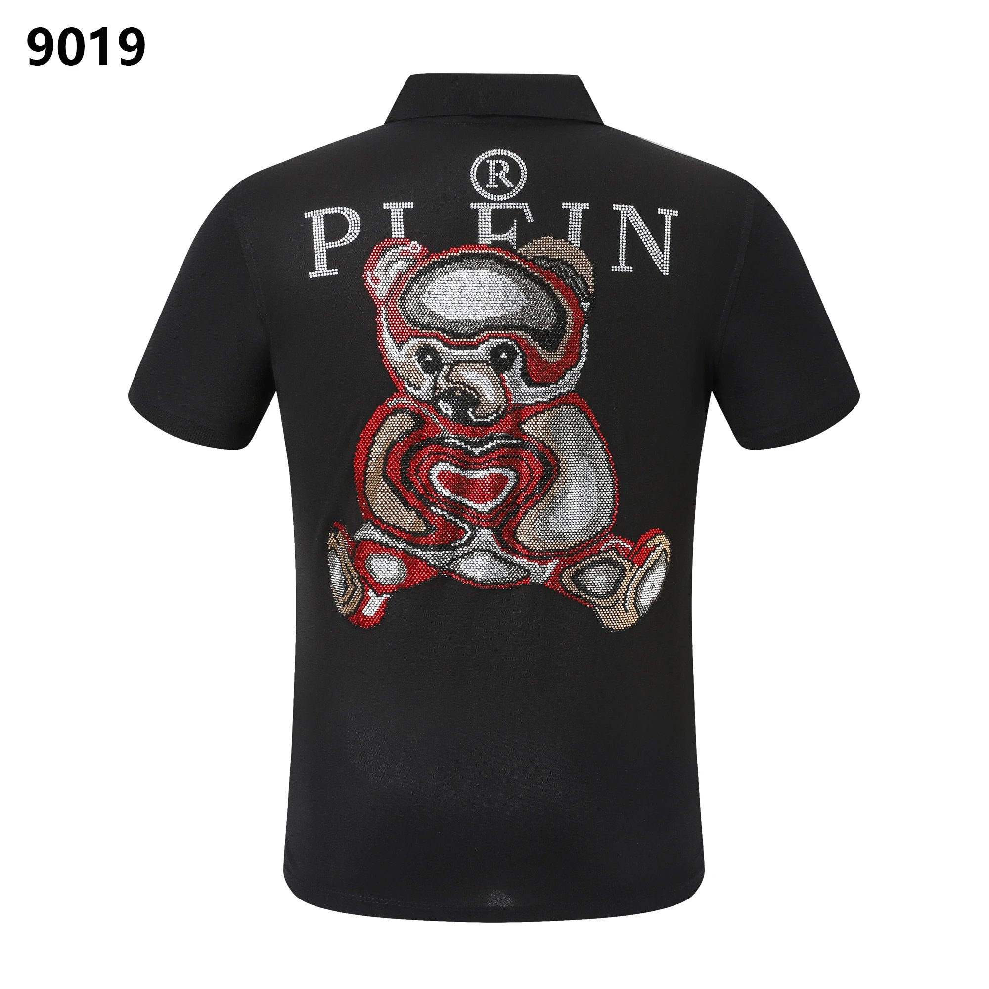 Philipp Plein Teddy Bear Heart Rhinestone Crystal Polo Shirt Black