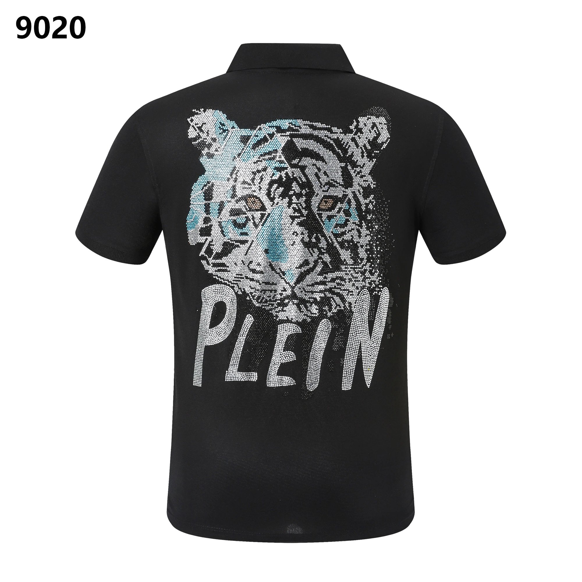 Philipp Plein Tiger Blue Rhinestone Crystal Polo Shirt Black