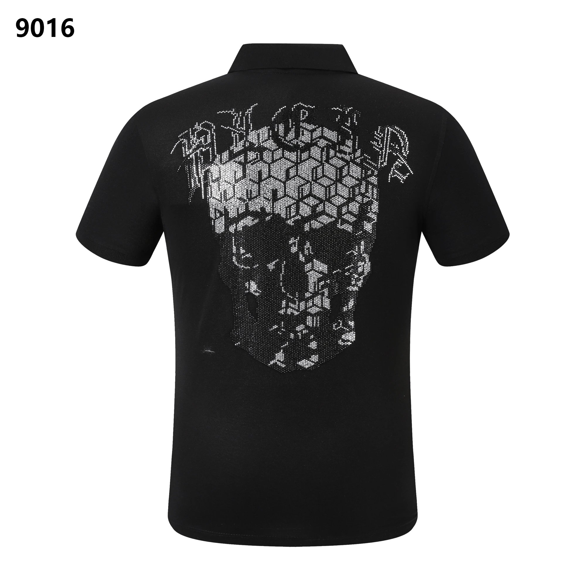 Philipp Plein Skull Hexagon Rhinestone Crystal Polo Shirt Black