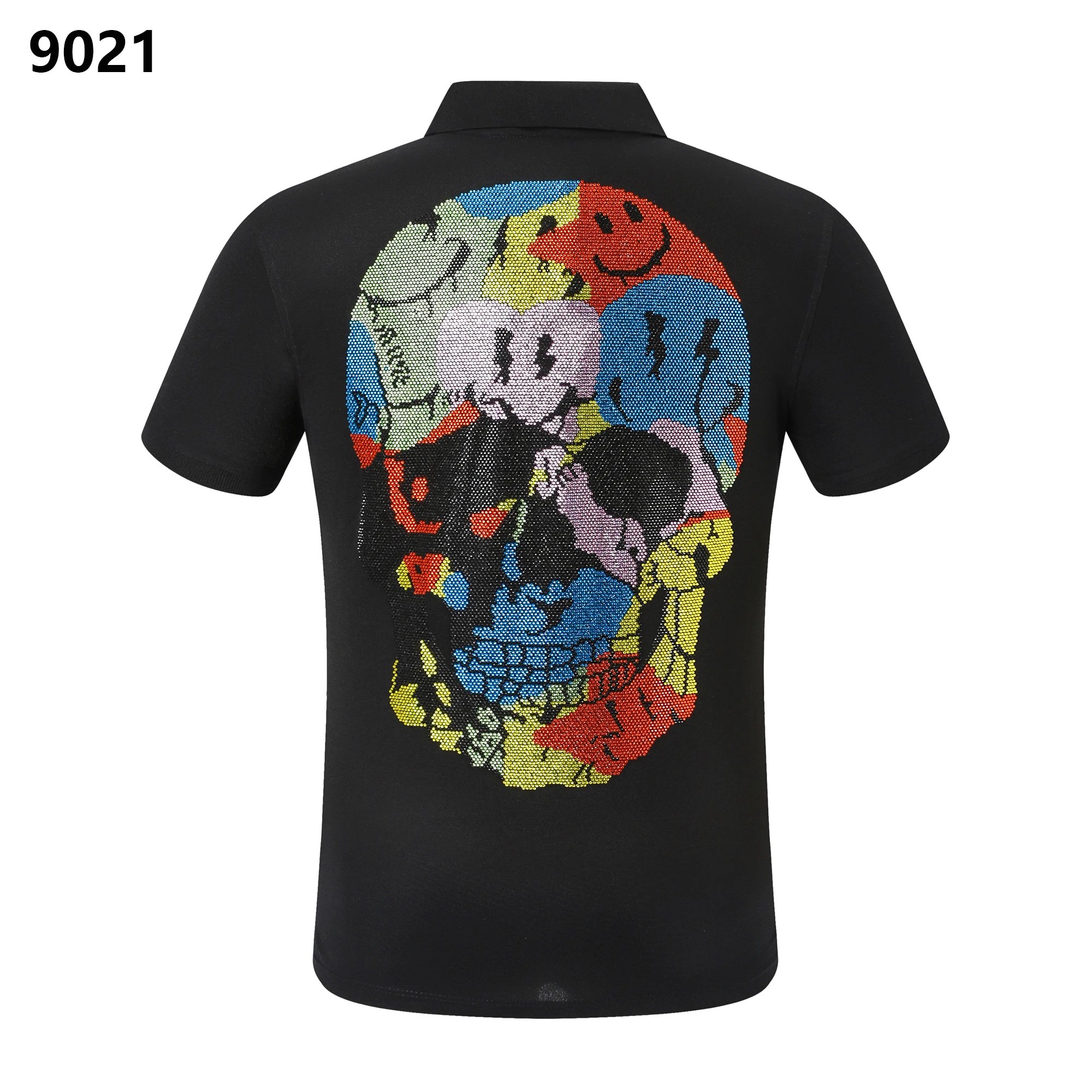 Philipp Plein Skull Multicolor Rhinestone Crystal Polo Shirt Black