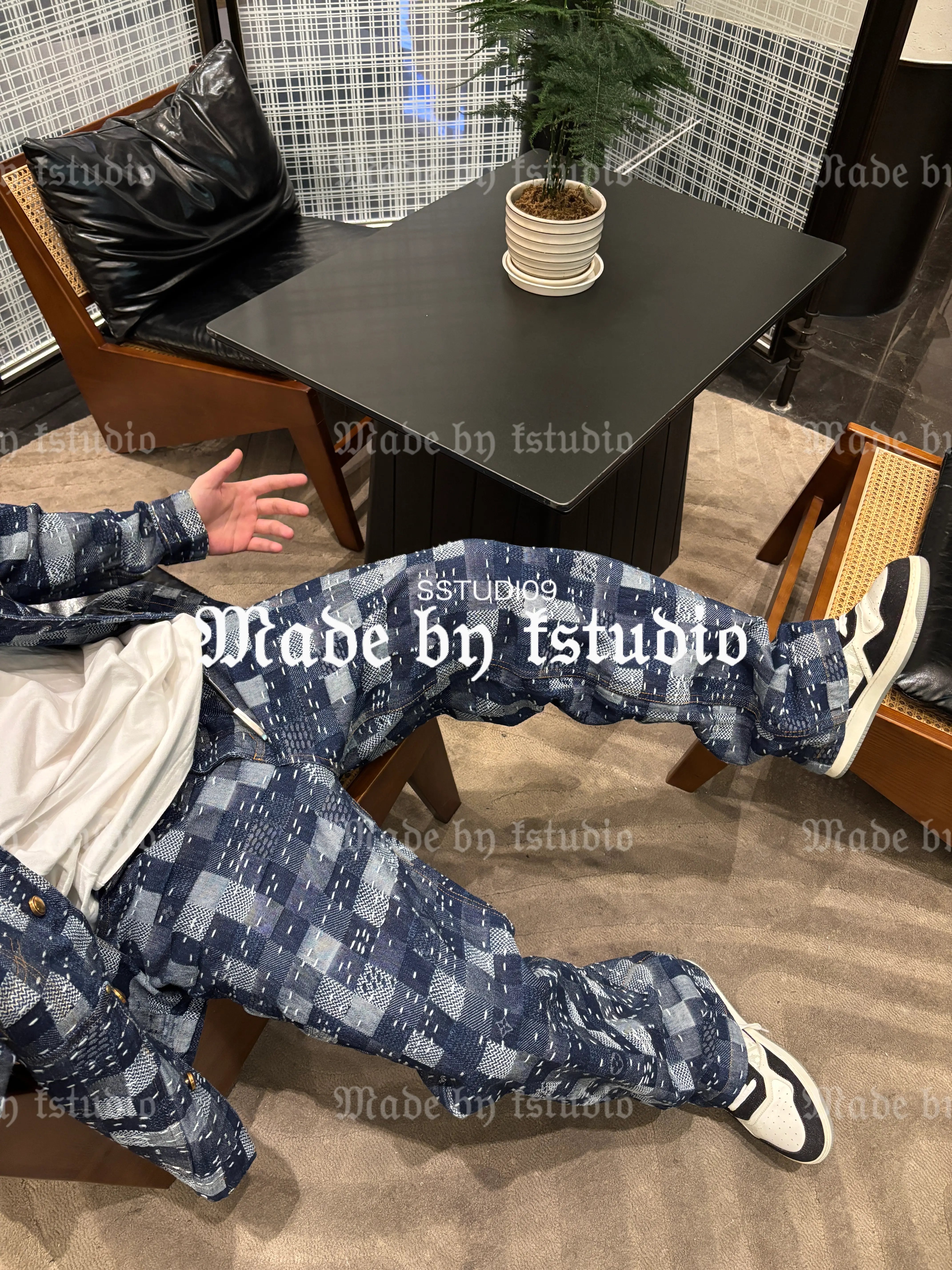 SSTUDIO9 Indigo Patchwork Denim Jacket & Pants Set, Japanese Boro Streetwear 1