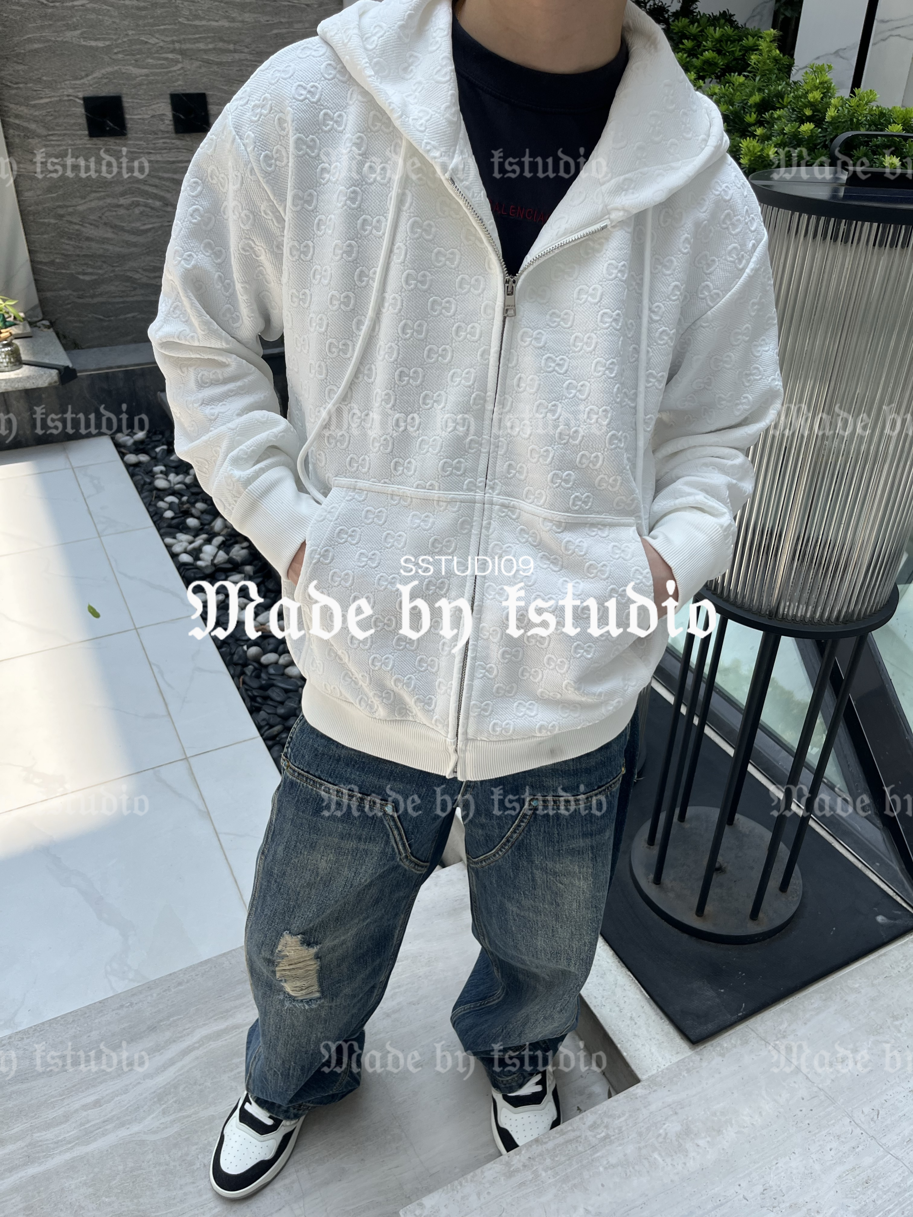 Gucci GG Monogram Embossed White Zip-Up Hoodie, Luxury Streetwear Cotton Jacket 1