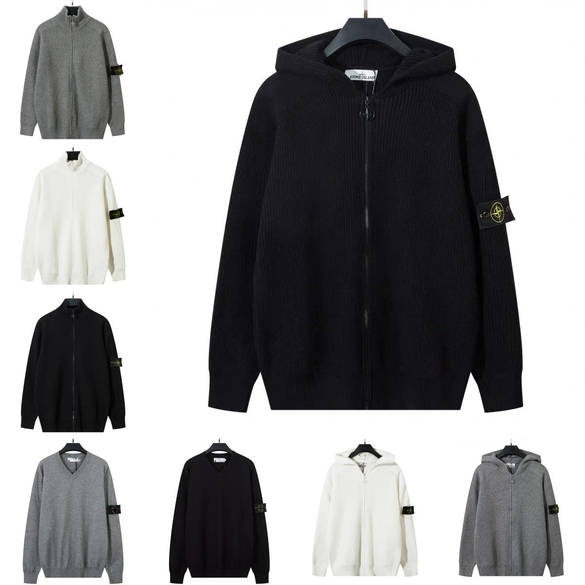 Stone Island Black Zip-Up Hooded Knit Sweater