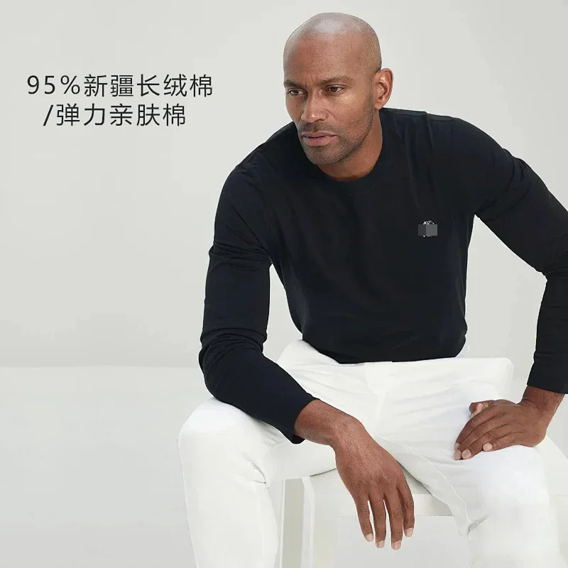 Top selling item returns to Italy BC. Same style men's cotton elastic long sleeved round neck 180g pullover T-shirt with 5% spandex, 32S cotton frame, plain weave, moderate thickness, brand logo printing, refreshing and skin friendly. 2025 new item G2331011709