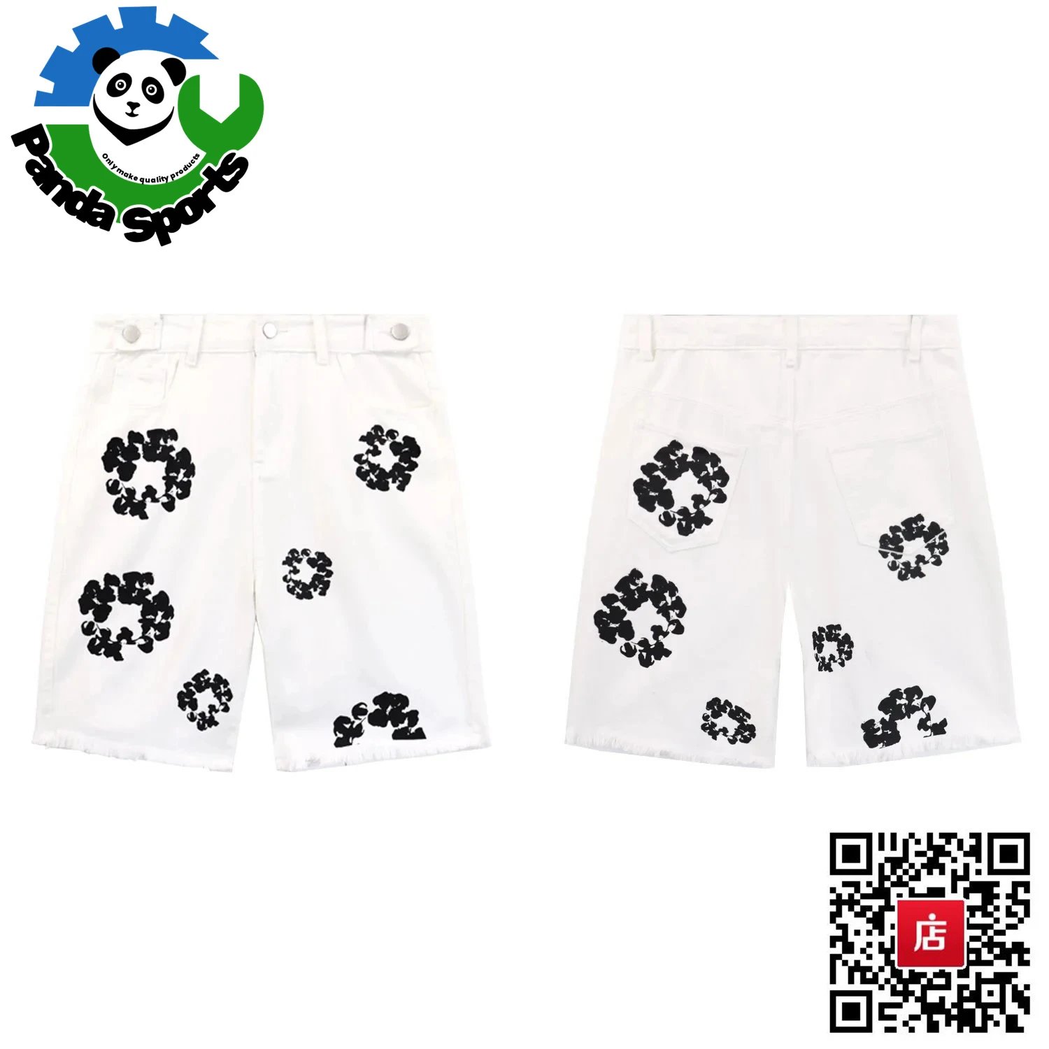 Panda Sports Panda Sports White Shorts with Black Panda Print White