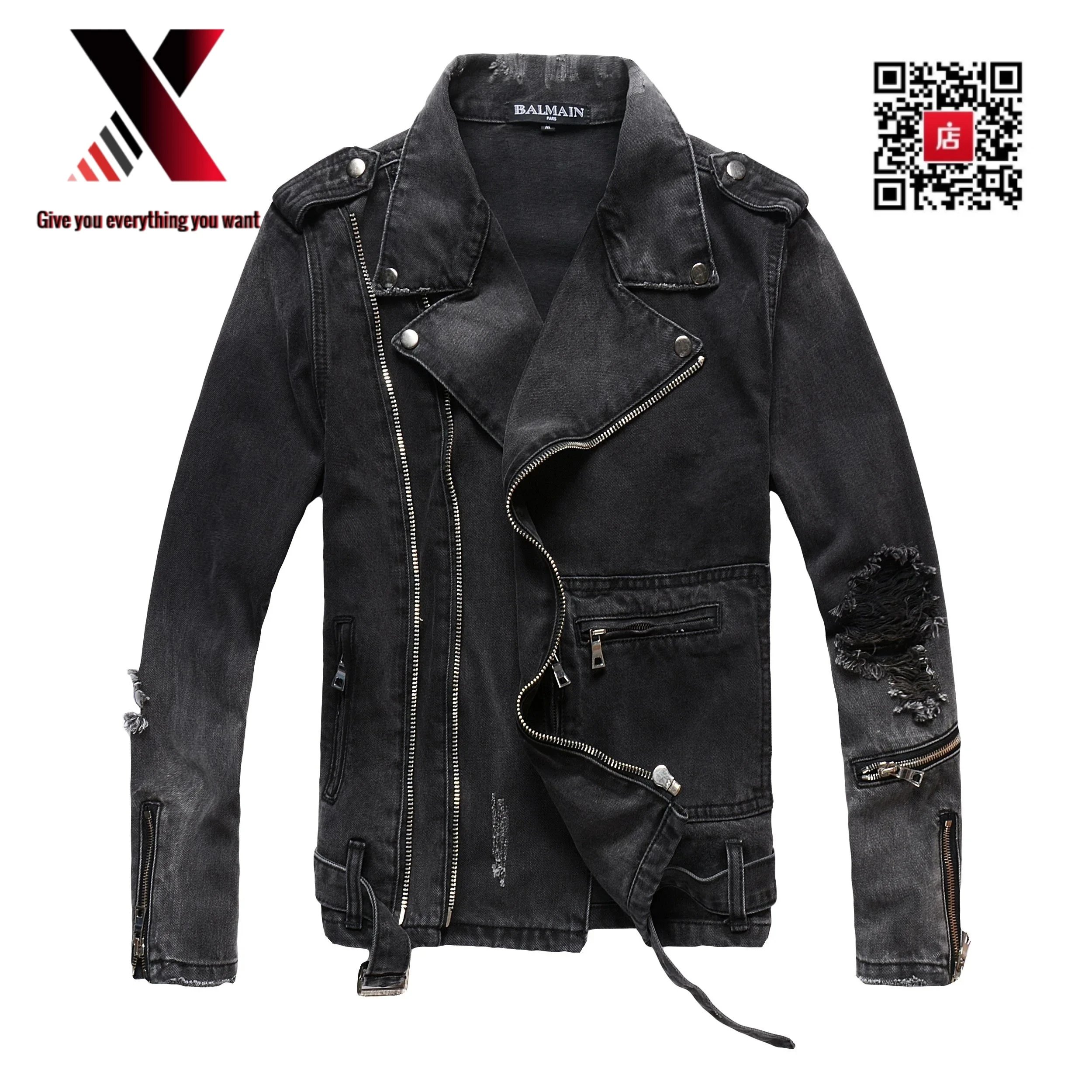 Balmain Balmain Black Distressed Denim Biker Jacket Black