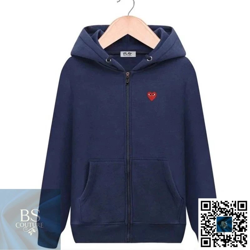 Comme des Garçons Play Comme des Garçons PLAY Navy Blue Zip-Up Hoodie with Red Heart Logo Navy