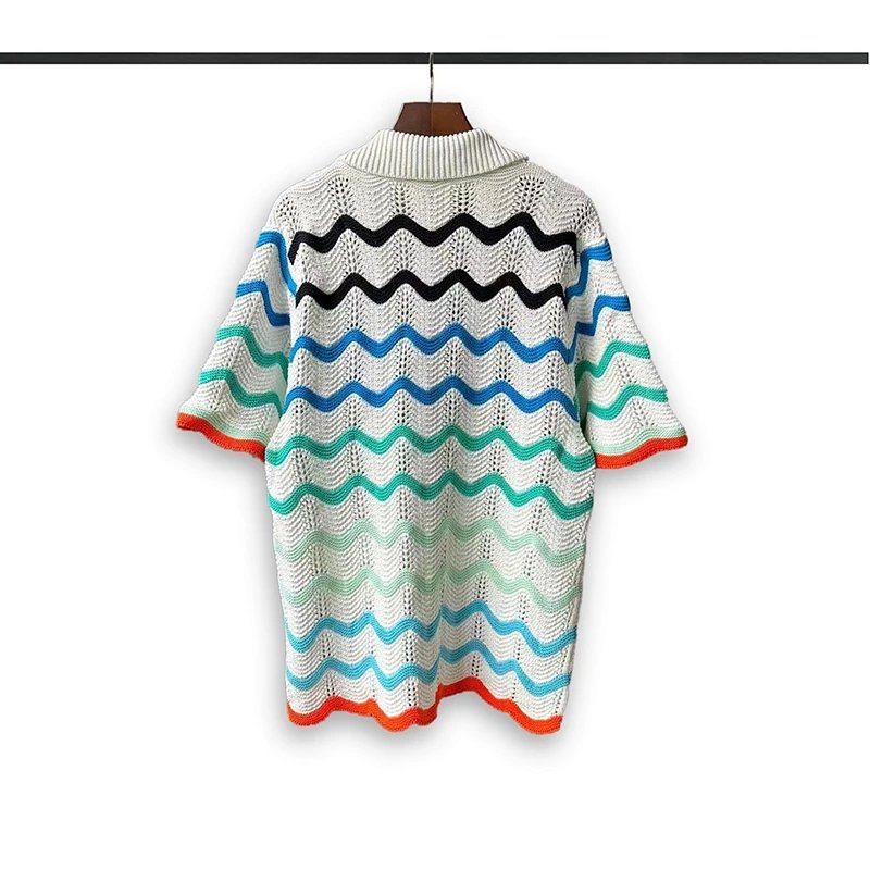 Contrast Wave Stripe Small V-Neck Lapel Polo