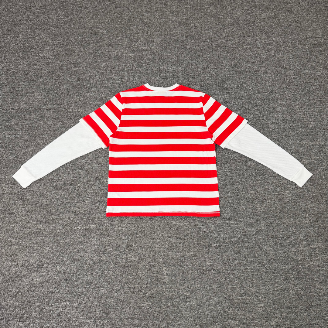 Red & White Stripe Fake Two-Piece Long Sleeve