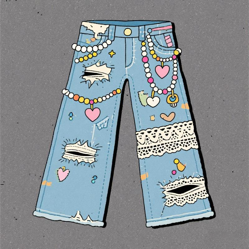Lace Pearl Illusion Digital Printed Wide Leg Jeans