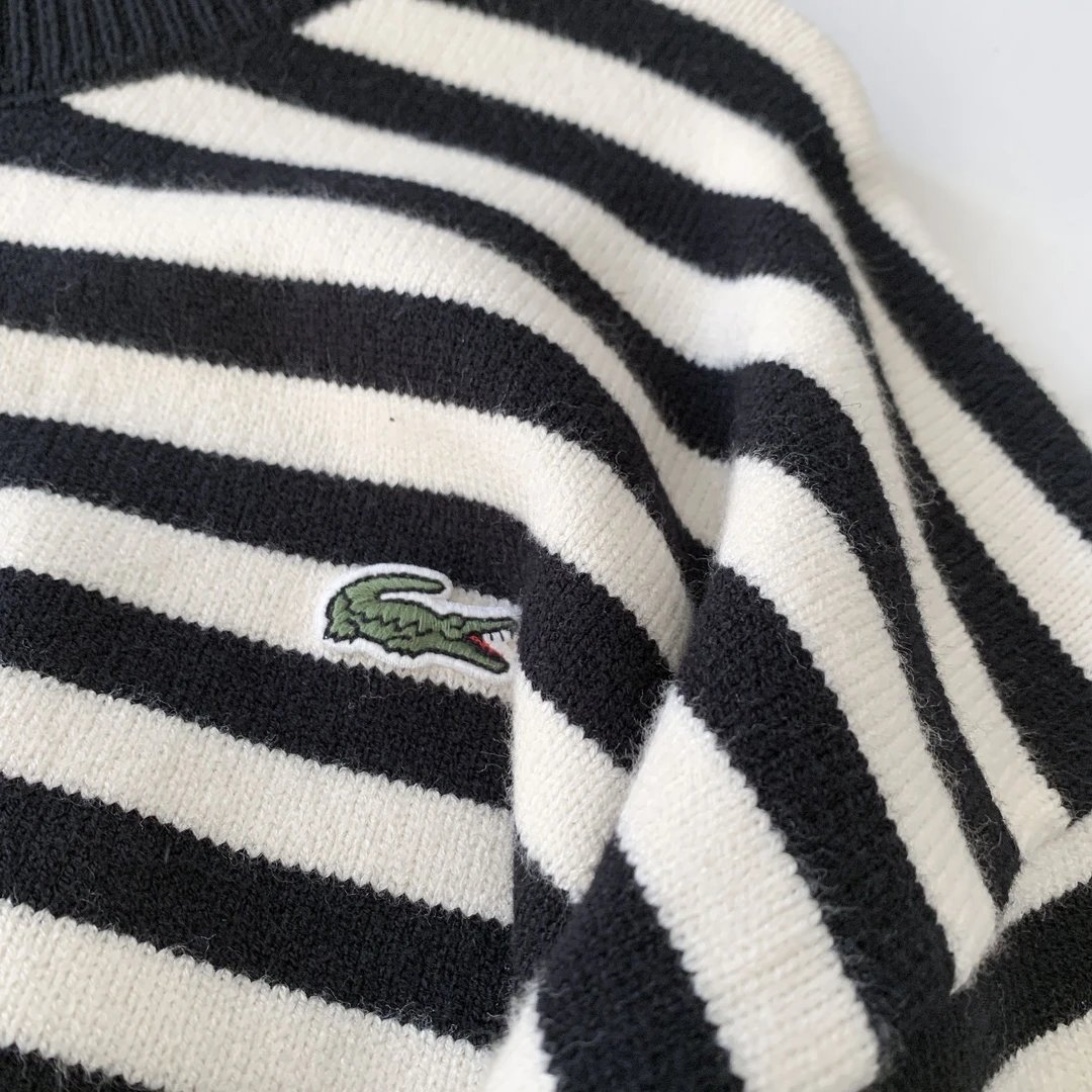 Lacoste Striped Black White Purple Crewneck Sweater
