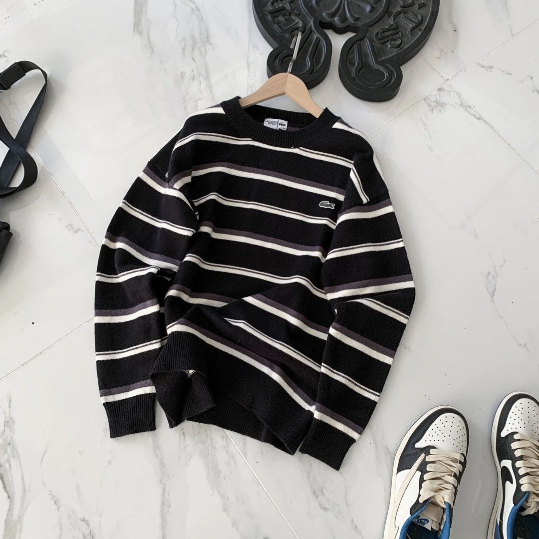 Lacoste Striped Black White Purple Crewneck Sweater