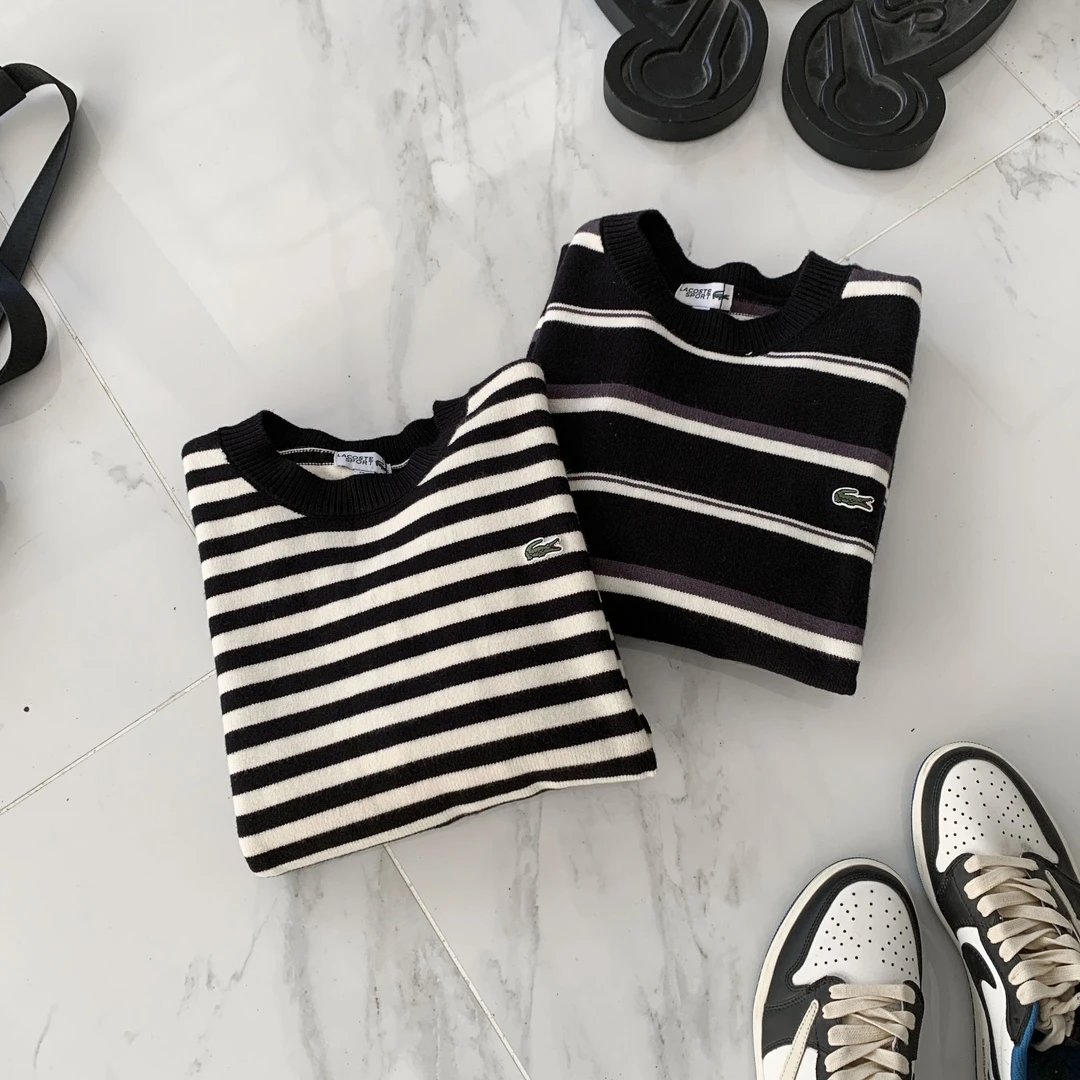 Lacoste Striped Black White Purple Crewneck Sweater