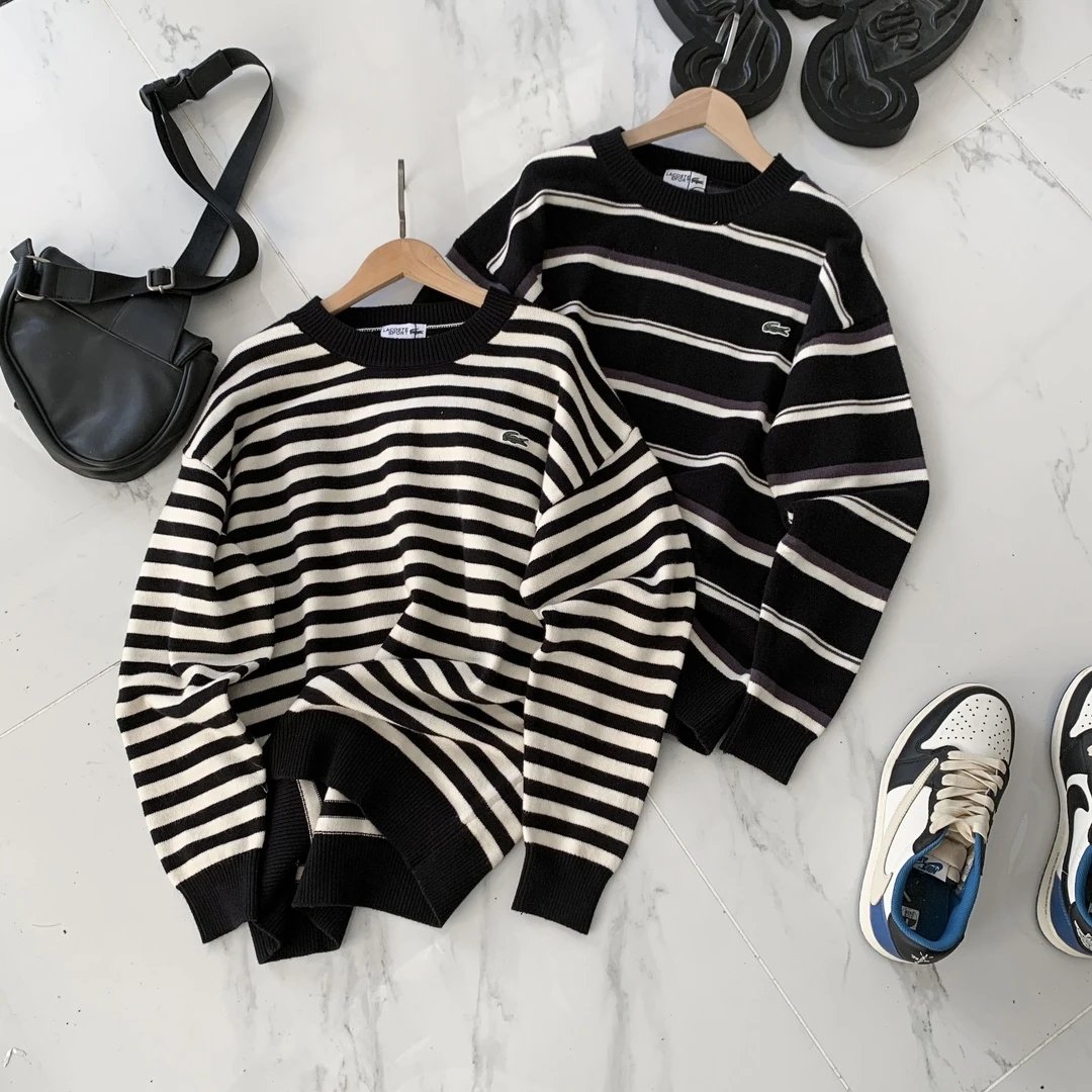 Lacoste Striped Black White Purple Crewneck Sweater