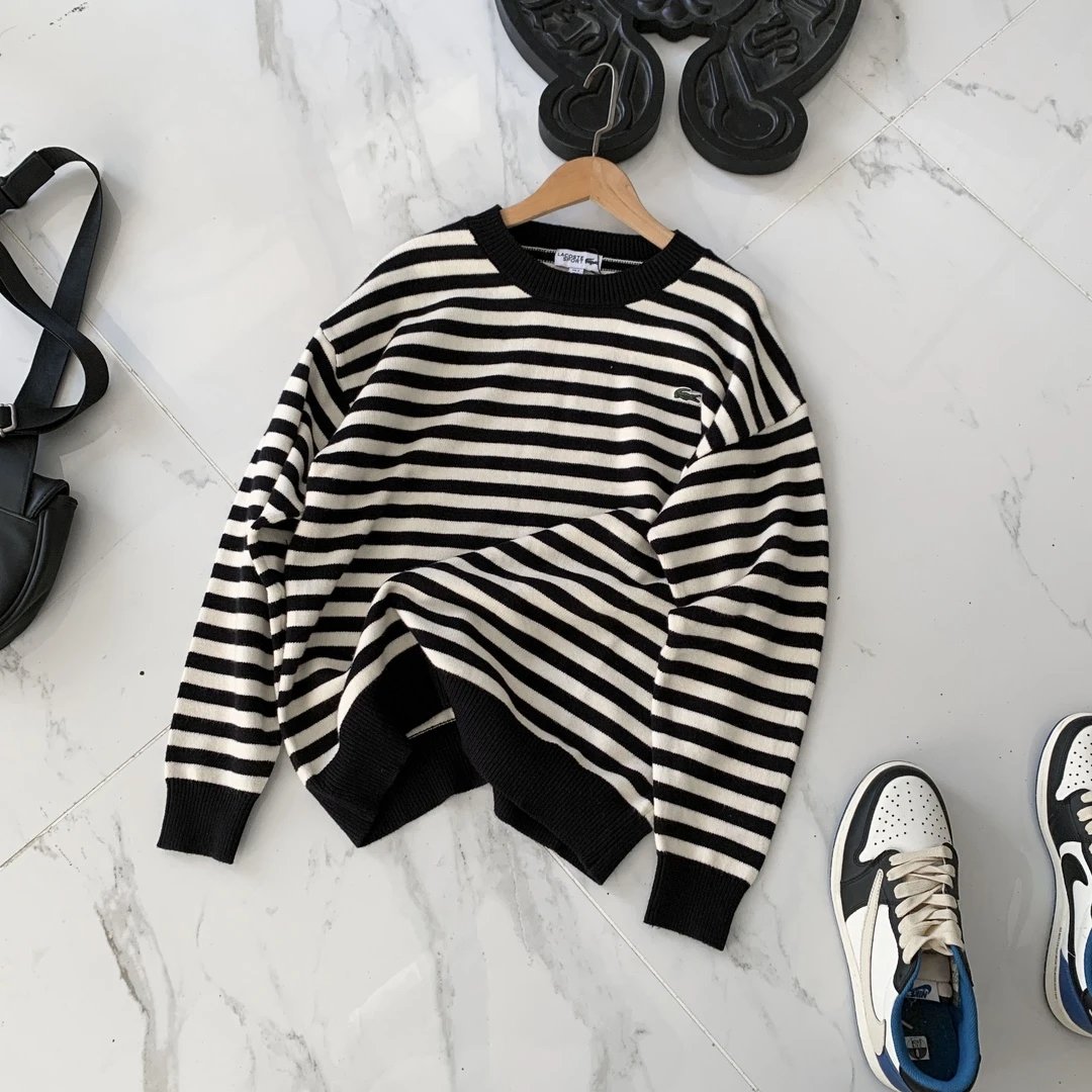 Lacoste Striped Black White Purple Crewneck Sweater