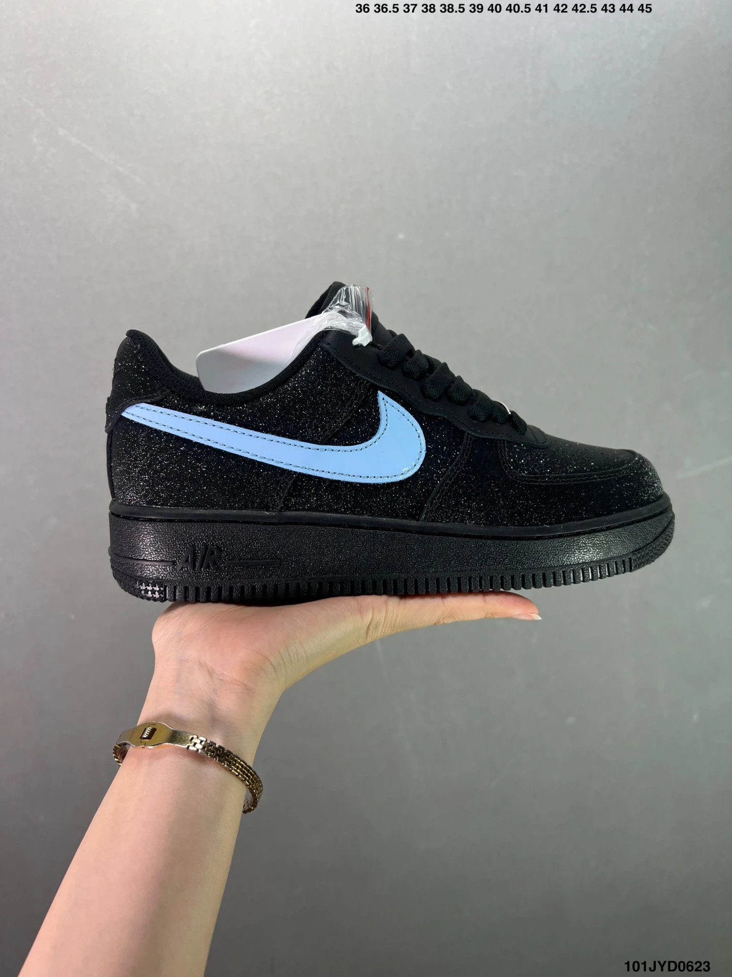 Nike Air Force 1 Black Glitter Blue Swoosh Sneakers