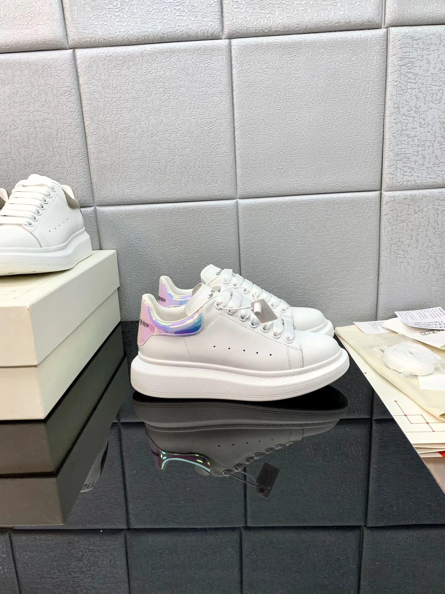 Alexander McQueen White Platform Sneakers Iridescent Heel