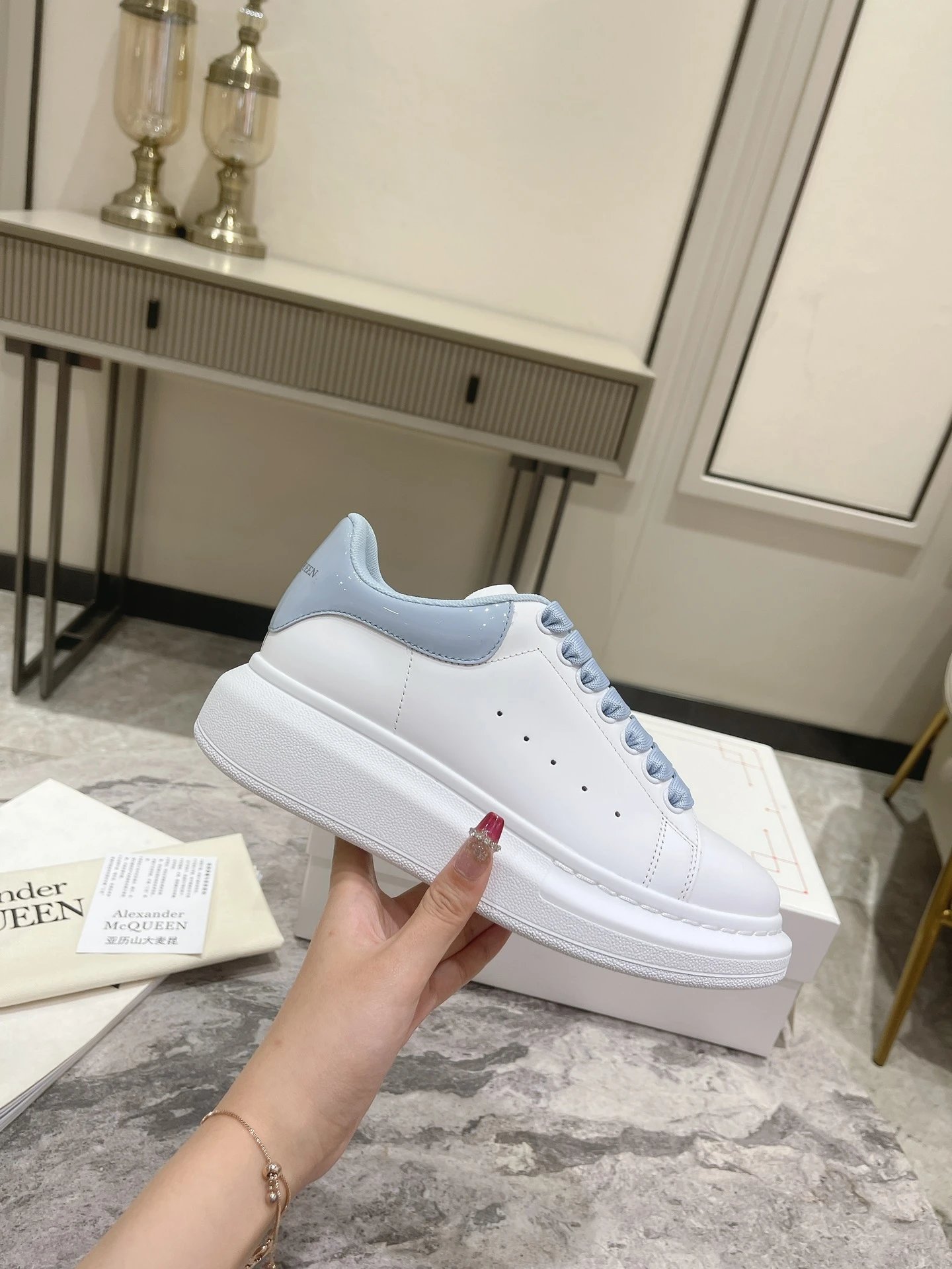 Alexander McQueen White Blue Leather Oversized Sneakers