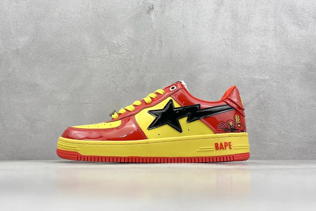 Bape Red Yellow Patent Leather Low Top Skate Shoes