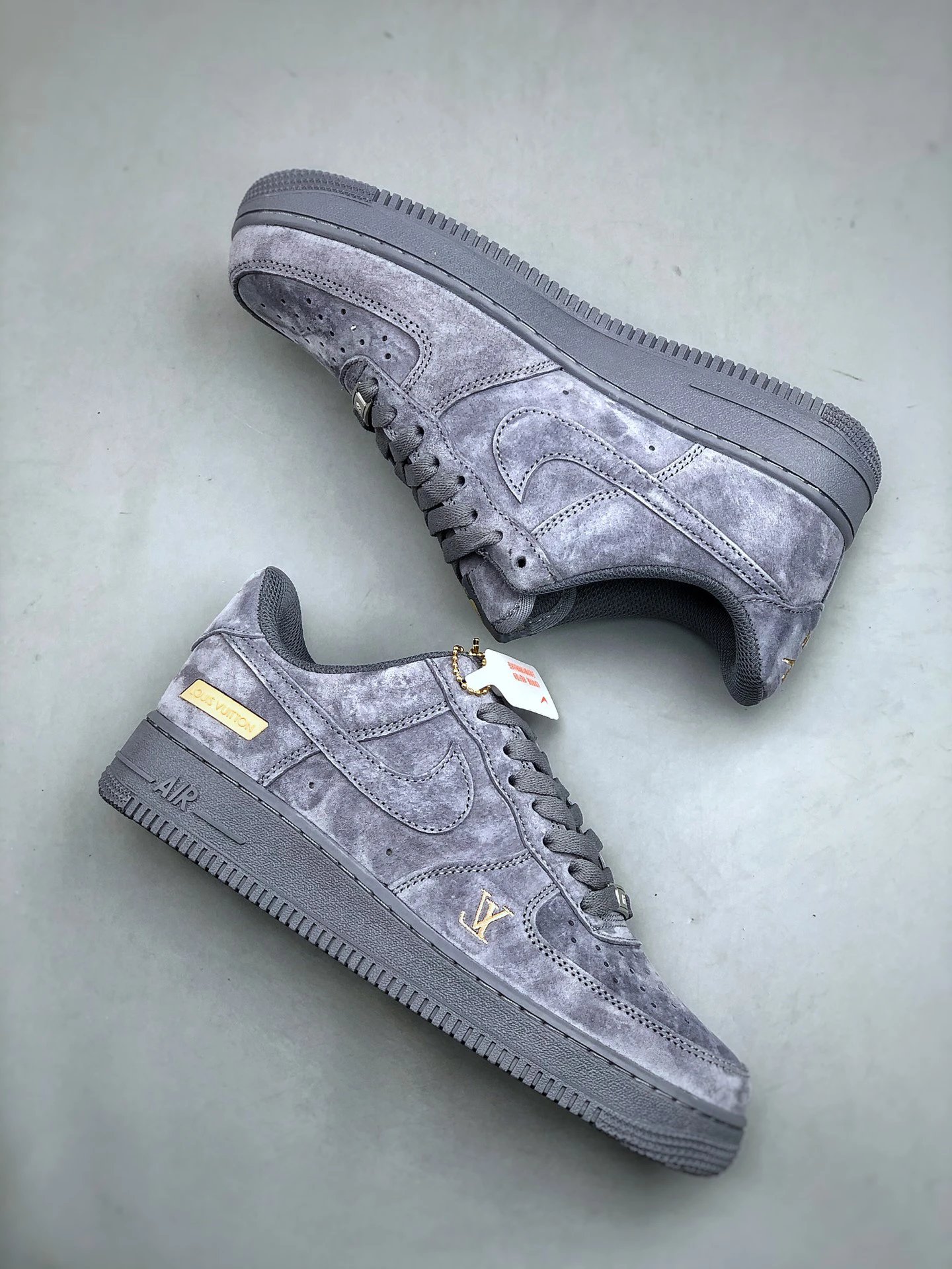 Nike Air Force 1 Grey Suede Gold Sneakers