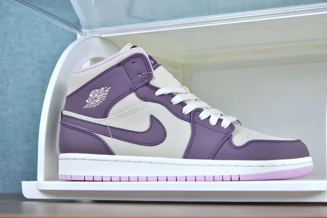 Air Jordan 1 Mid Purple White Leather Sneakers