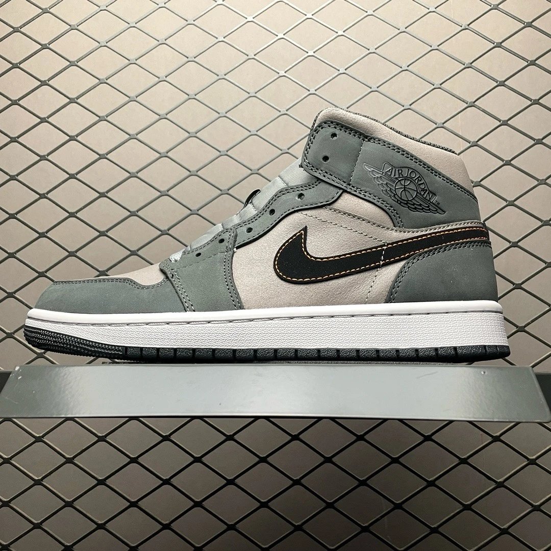 Air Jordan 1 Mid Grey Beige Black Leather Sneakers