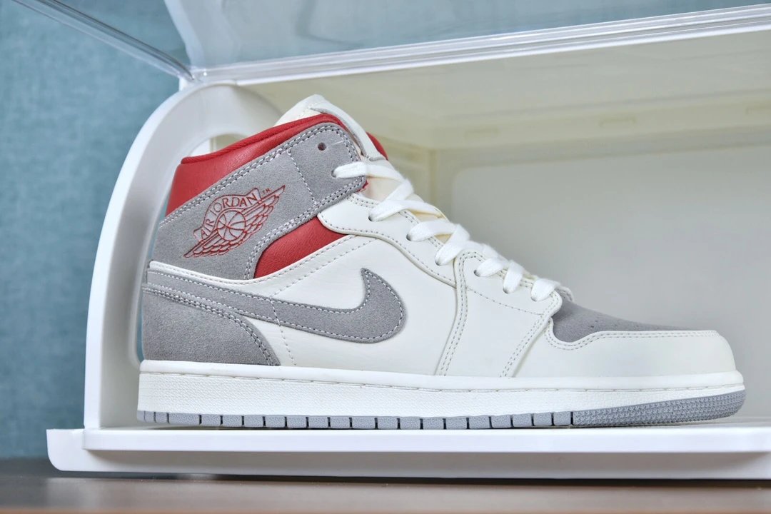 Air Jordan 1 Mid White Grey Red Leather Basketball Shoes